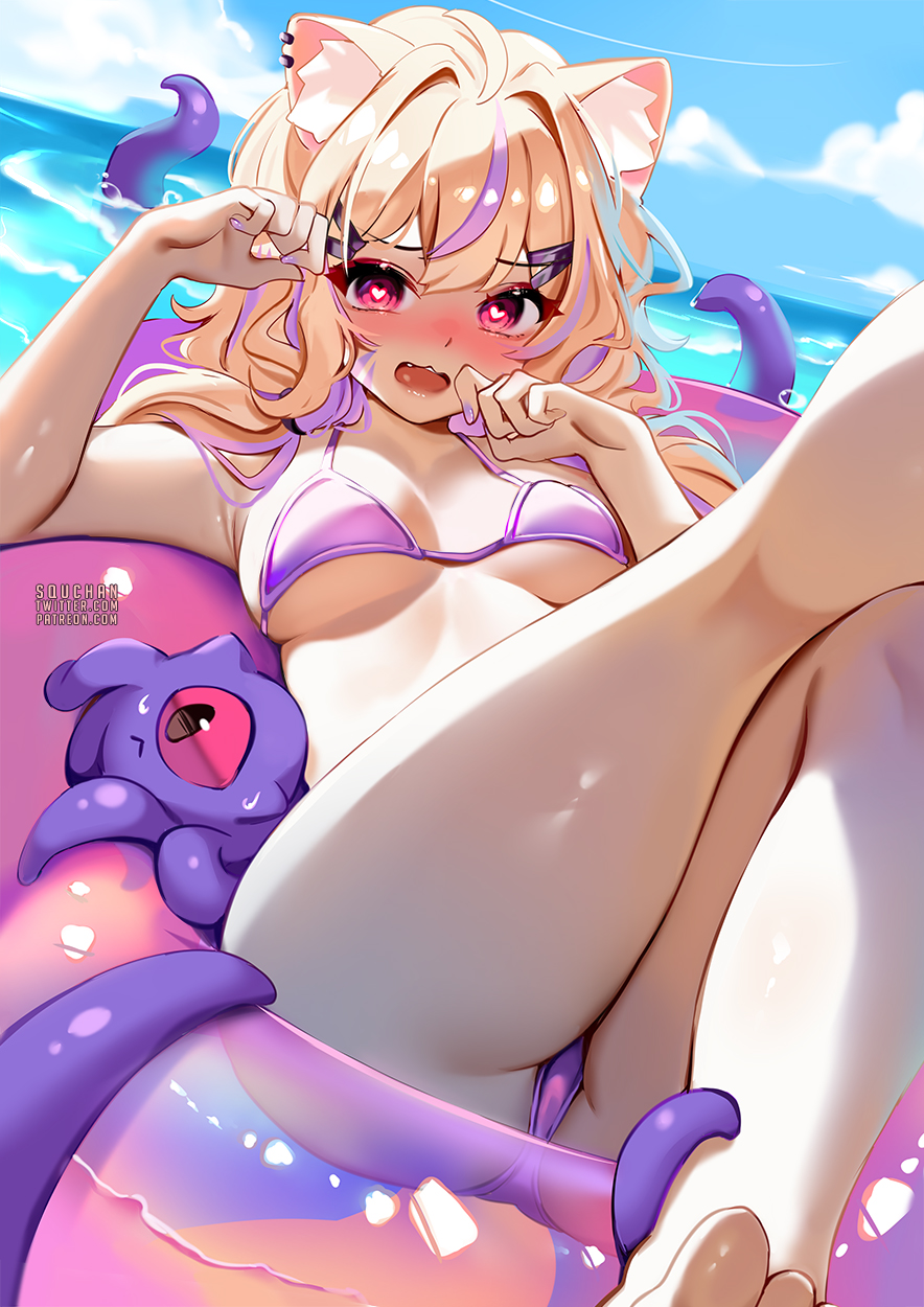 animal_ears ass beach bikini blonde_hair blush breasts cat_ears cat_girl cat_tail cloud day eyebrows_visible_through_hair female hair_ornament long_hair looking_at_viewer lying medium_breasts multicolored_hair nose_blush ocean open_mouth outdoors purple_bikini sky solo squchan squchan_(vtuber) swimsuit tail tentacle virtual_youtuber vyugen
