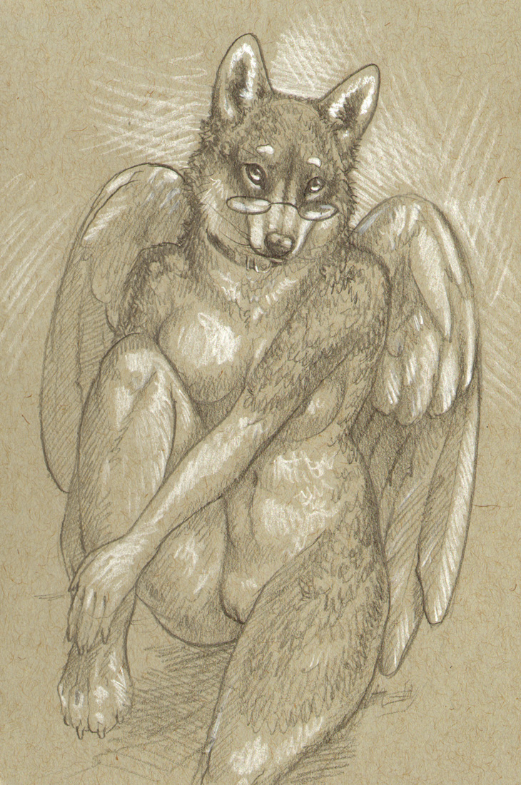 2017 anthro breasts cadmiumtea canine canine eyewear feathered_wings feathers female fur glasses husky mammal monochrome nude pussy simple_background sketch solo wings