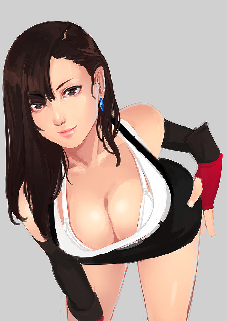 1girls, bent over, big breasts, bra, bra cups sticking out, bra strap, breasts, brown hair, busty, cleavage, female, female only, final fantasy, final fantasy vii, hand on hip, hand on leg, hand on own leg, hand on own thigh, hand on thigh, large breasts, leaning forward, looking at viewer, pose, posing, skirt, smile, suspenders, tank top, tifa lockhart, white bra