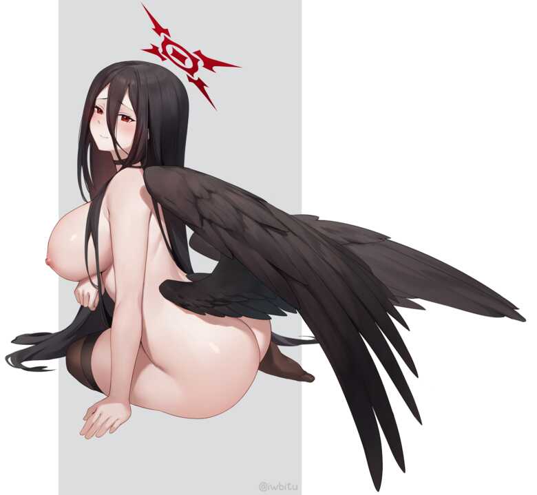 angel_wings ass ass_focus black_hair black_wings blue_archive blush female_focus halo hasumi_(blue_archive) iwbitu large_breasts looking_at_viewer nude red_eyes sitting very_long_hair