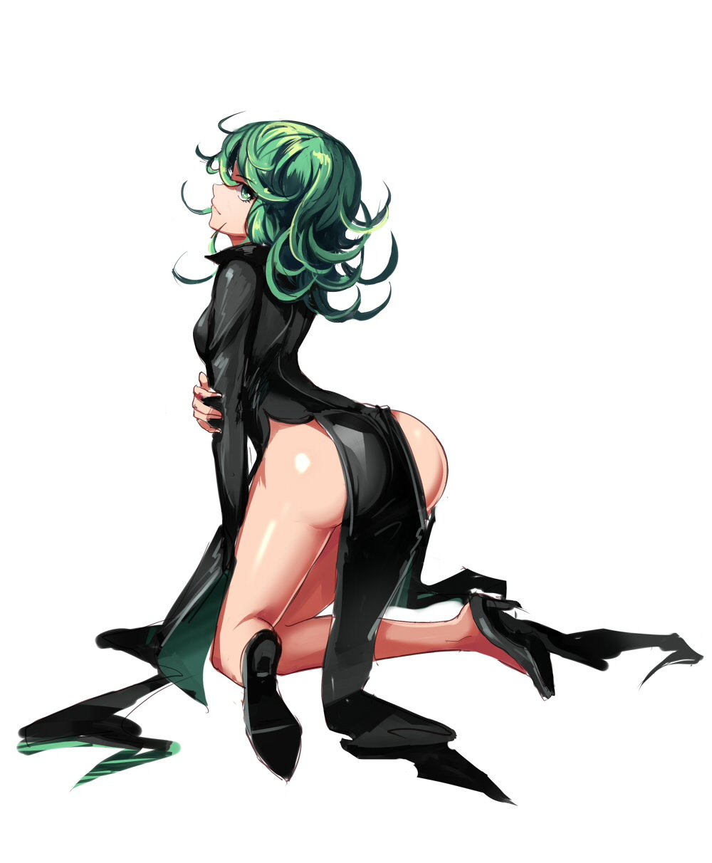 1girls, ass, bent over, black dress, dress, female, female only, green eyes, green hair, heels, one-punch man, solo, tatsumaki, thighs, white background