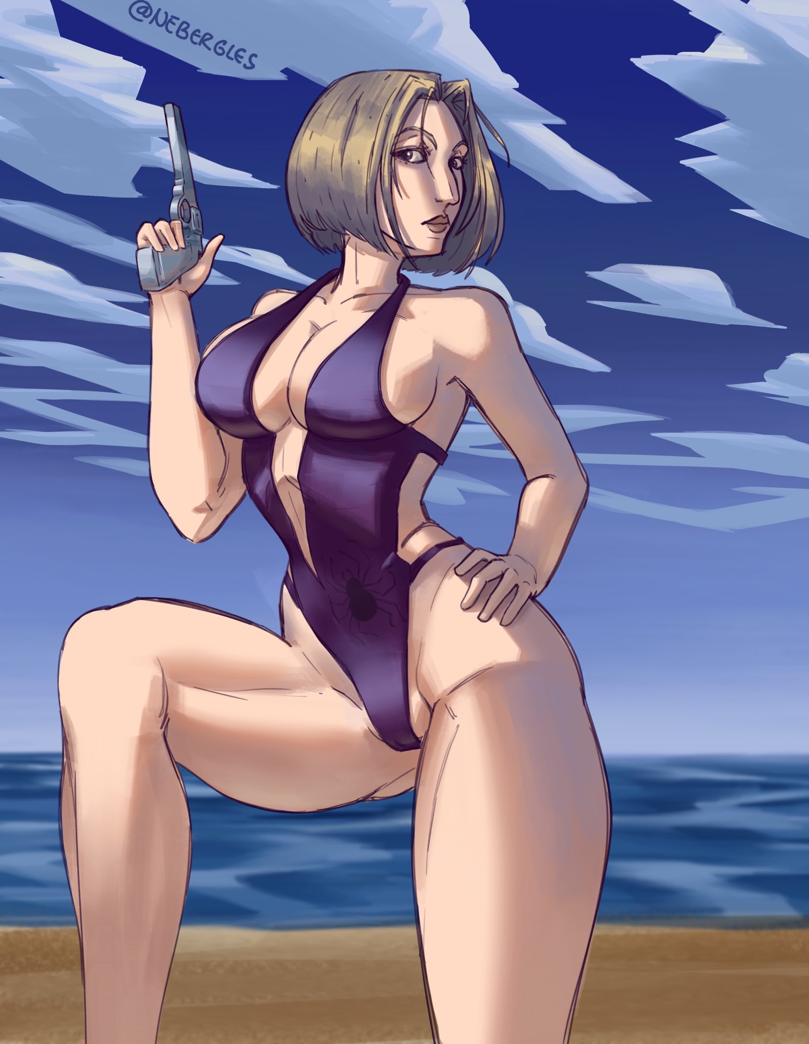 1girls, beach, breasts, cameltoe, female, huge breasts, hunter x hunter, nebergles, pakunoda, pinup, pussy, swimsuit
