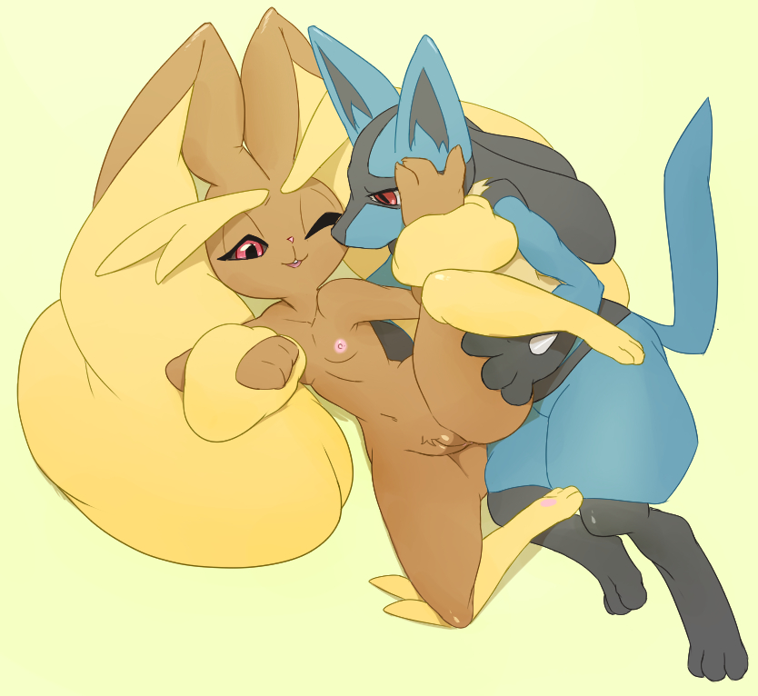 1boy animal_ears breasts bunny_ears collarbone feet female from_above full_body furry green_background half-closed_eyes hand_on_another's_face hand_up leg_lift looking_down lopunny lucario lying male masterploxy mrploxy navel nintendo nipples no_humans on_side one_eye_closed open_mouth paws pokemon pokemon_(species) pokemon_dppt pussy red_eyes simple_background small_breasts smile spread_legs tail teeth uncensored wink wolf_ears