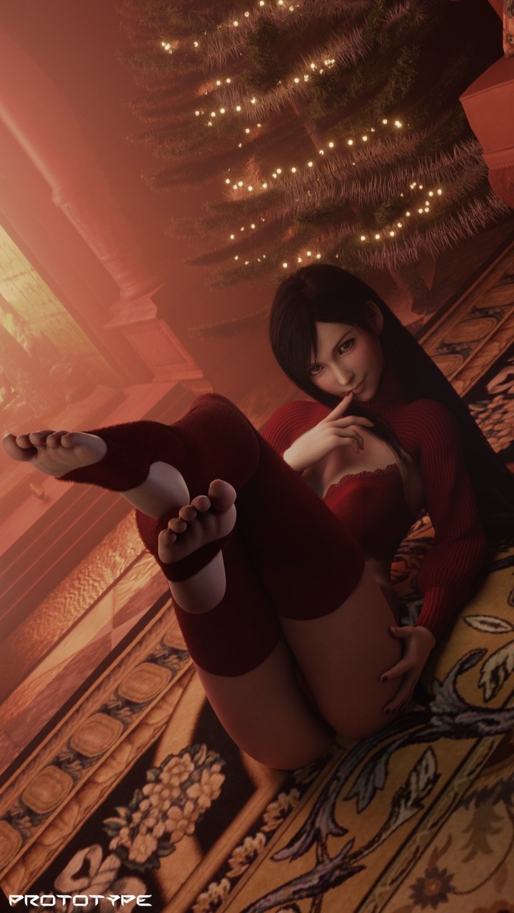 1girls, 3d, black hair, christmas, christmas tree, feet, female, female focus, female only, final fantasy, final fantasy vii, final fantasy vii remake, long hair, partially clothed, prototype (artist), soles, solo, solo female, solo focus, stirrup legwear, tifa lockhart