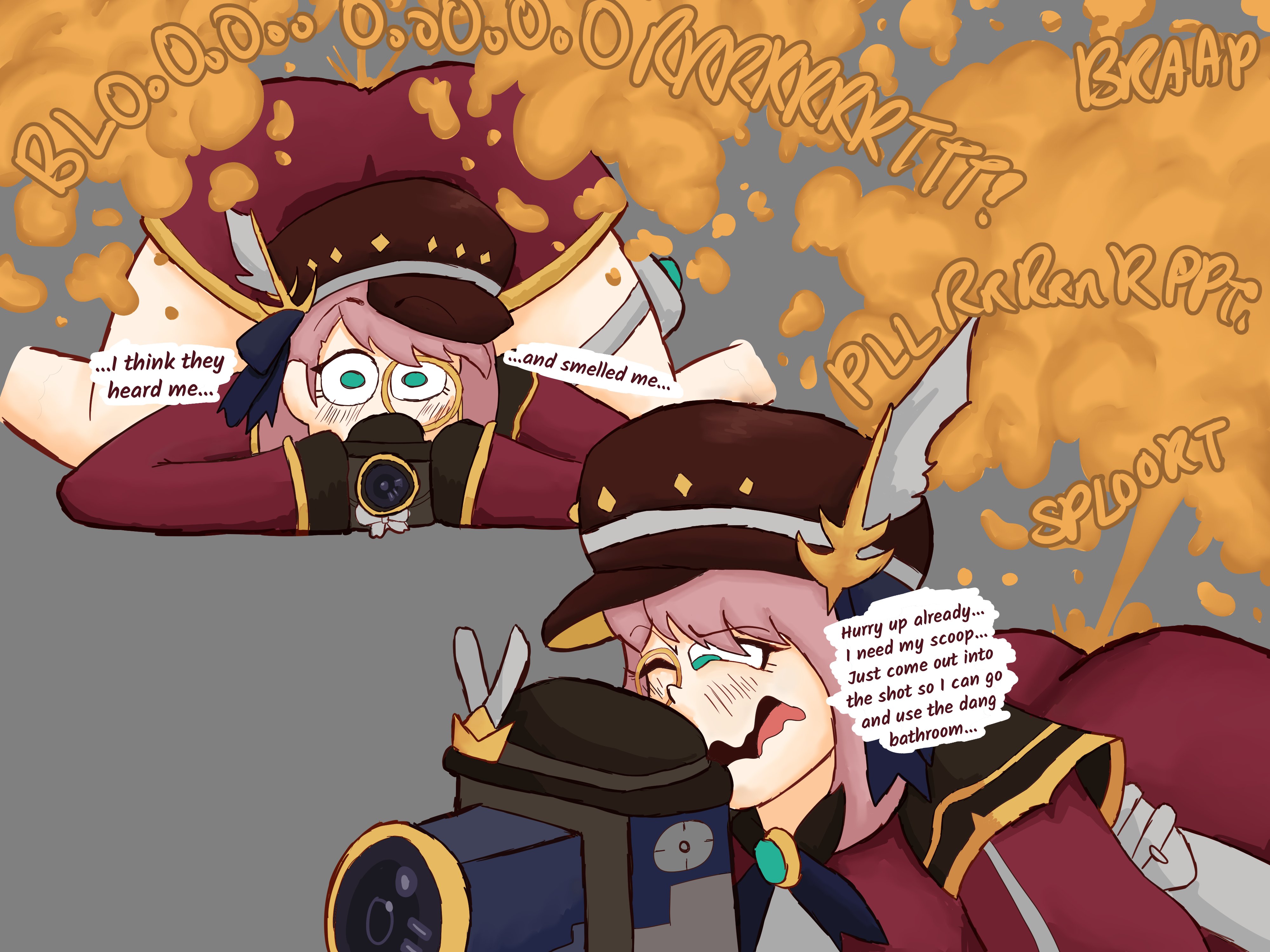 ass, big ass, big butt, blue eyes, blush, camera, charlotte (genshin impact), desperation, fart, fart cloud, fart everywhere, farting, farts, genshin impact, journalist, moan, moaning, moaning in pleasure, modestpal
