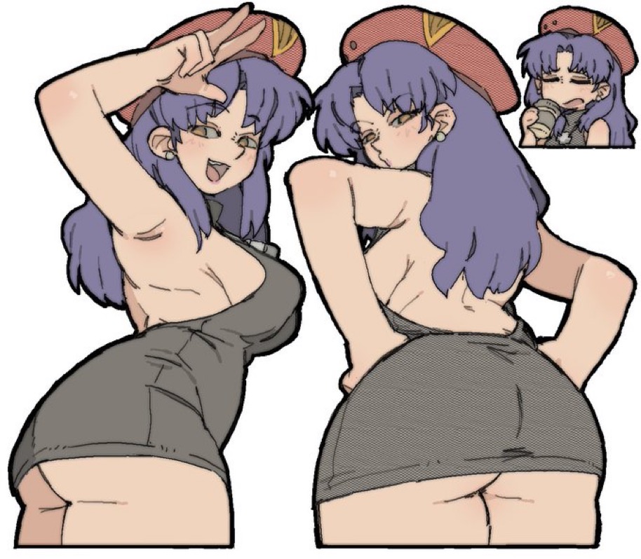 1girl 1girls armpits ass beret bubble_butt dat_ass dress fat_ass female female_only long_hair mature_female misato_katsuragi neon_genesis_evangelion neopn_genesis_evangelion pantsu_ripper purple_hair sideboob solo