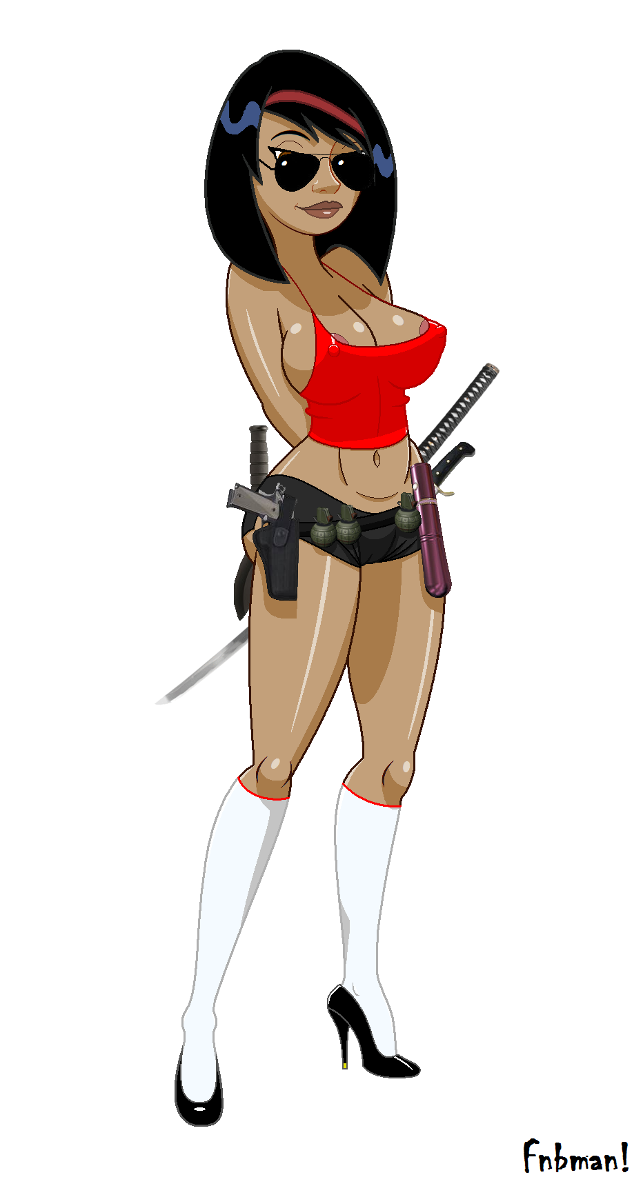1girls aged_up areola_slip arms_behind_back artist_name asian bare_shoulders black_hair breasts brown_eyes busty cleavage curvy dildo disney erect_nipple erect_nipples eyeliner female female_only fnbman footwear front_view glasses grenade gun hair_ornament hairband hand_behind_back hands_behind_back high_heel_boots high_heels hourglass_figure human katana kim_possible knife large_breasts legwear looking_at_viewer makeup midriff nipple_bulge older pistol pose posing sex_toy shiny shiny_skin short_hair short_shorts shorts simple_background solo standing stockings sunglasses sword teenage text tube_top tubetop voluptuous weapon white_background white_footwear white_legwear white_stockings wide_hips yori_(kim_possible)