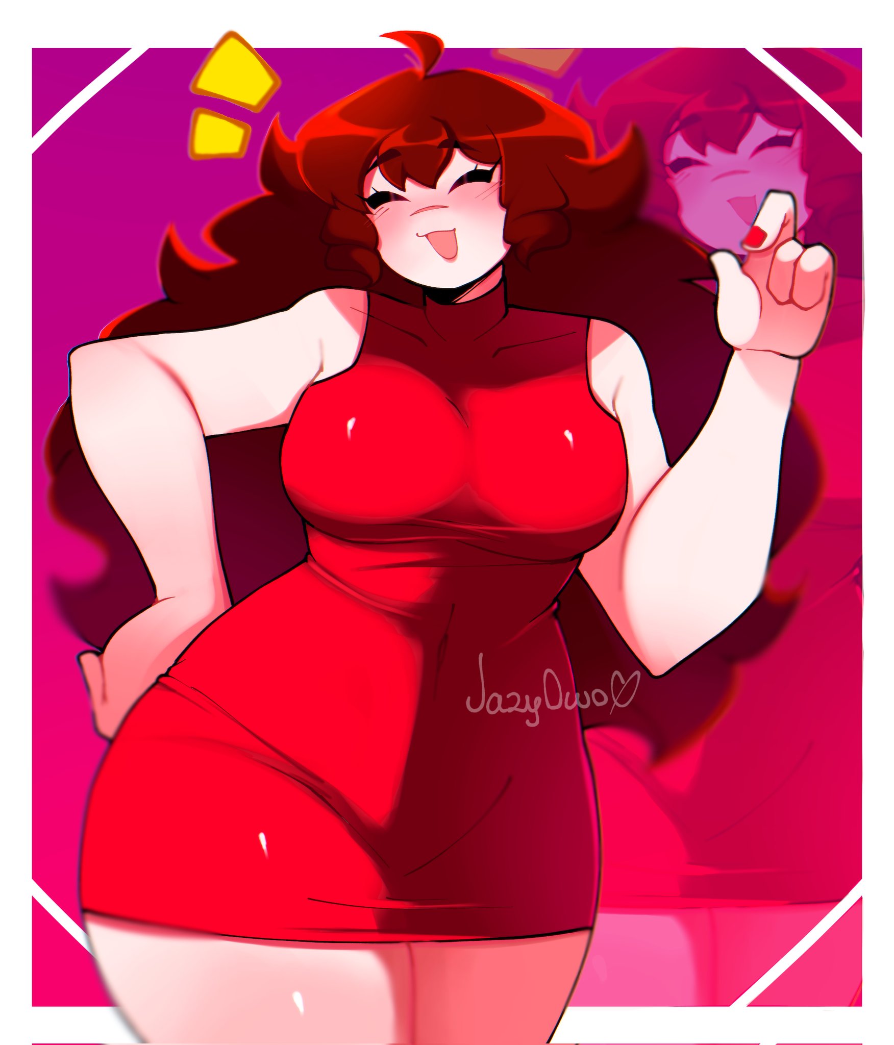auburn hair, blush, female, friday night funkin, girlfriend (friday night funkin), jazyowo, red clothing, solo female