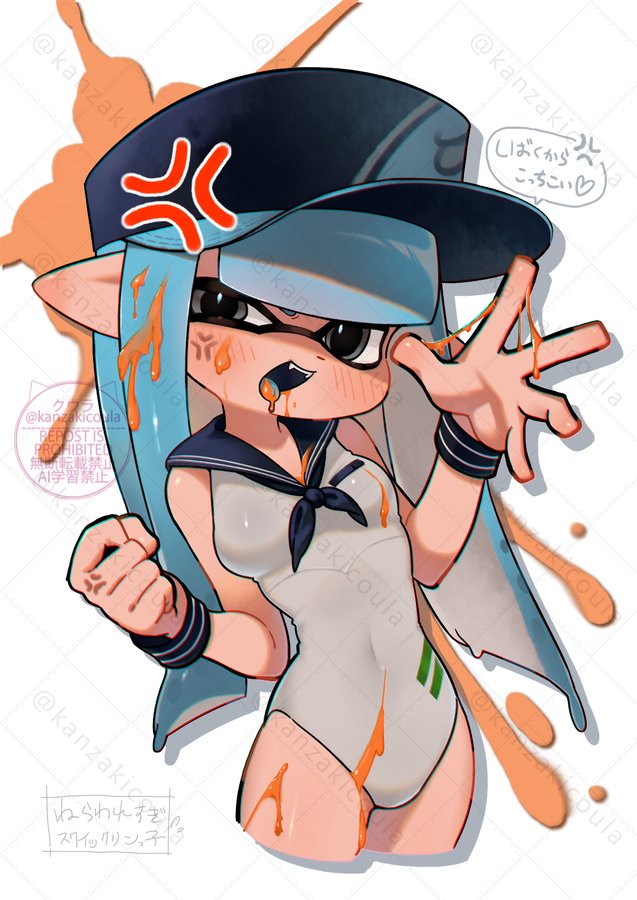 1girls, angry, angry expression, angry eyes, belly button, belly button visible through clothing, blue hair, blush, breasts, female, female only, gray eyes, grey eyes, hat, ink, ink on body, ink on tongue, inkling, inkling girl, kanzaki coula, looking at viewer, medium breasts, nintendo, oc, one-piece swimsuit, original character, sailor swimsuit, splatoon, splatoon (series), suggestive, suggestive pose, swimsuit, tagme, tentacle hair, thin waist, unusual anatomy, unusual ears, wrist cuffs