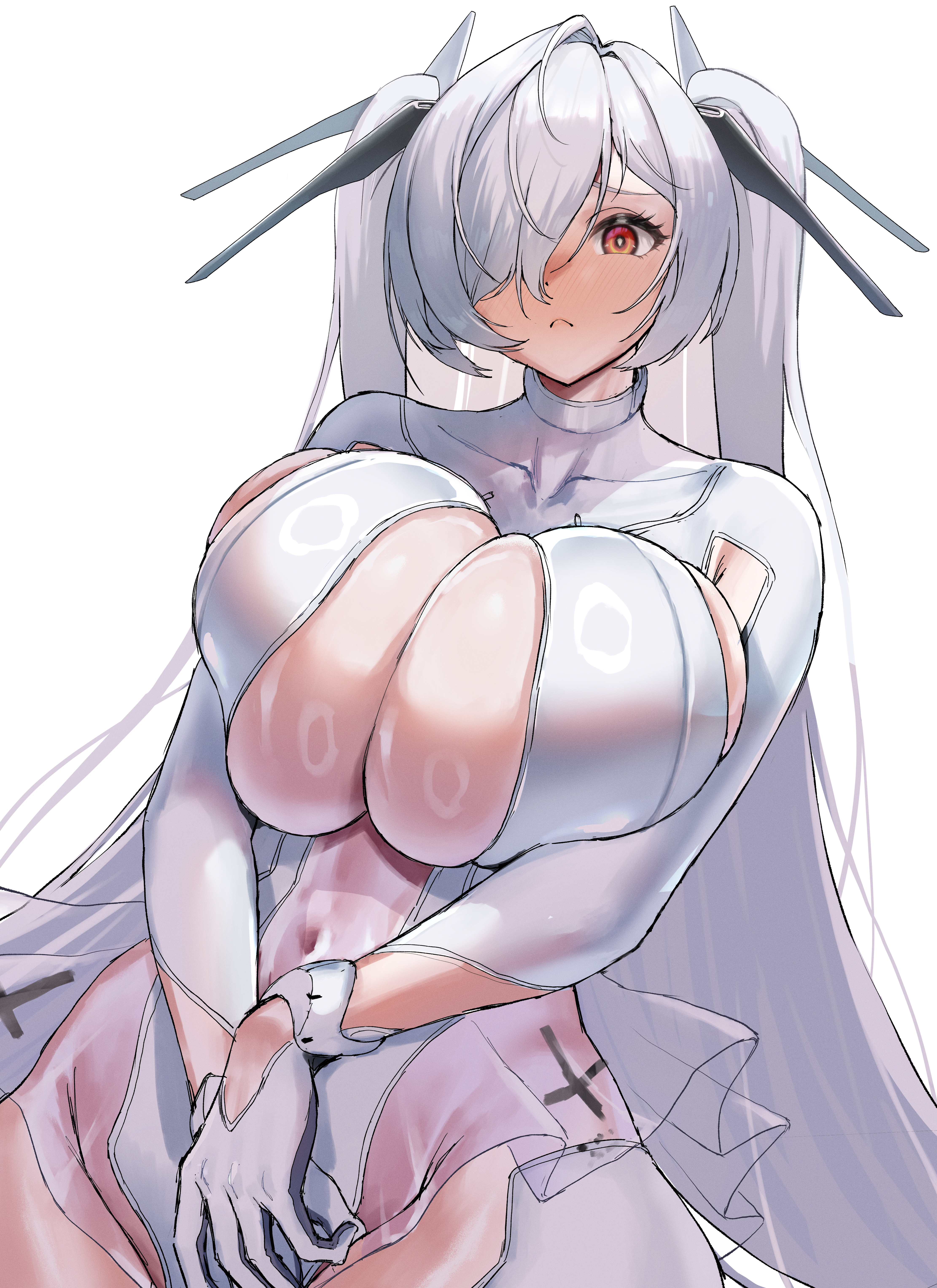 1girls, big breasts, breasts, breasts bigger than head, busty, cinderella (nikke), cleavage, clothed, embarrassed, embarrassed female, female, female focus, female only, gloves, goddess of victory: nikke, hair over one eye, hourglass figure, huge breasts, large breasts, long hair, looking at viewer, massive breasts, mik4, navel, red eyes, see-through, see-through clothing, simple background, solo, solo female, solo focus, tied hair, twintails, v arms, voluptuous, voluptuous female, white background, white hair, wide hips
