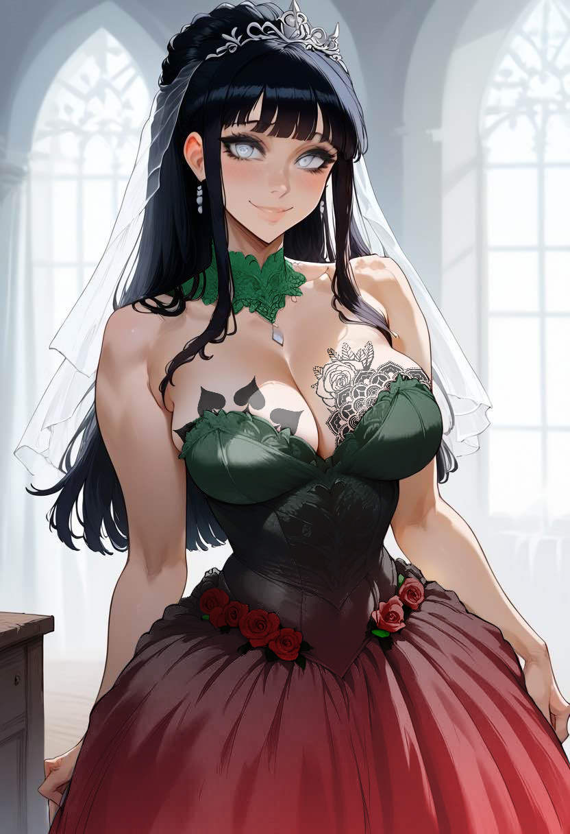 1girls, 2d, ai generated, ai sensuality, bangs, big breasts, black hair, blacked tattoo, breasts, bridal tiara, bridal veil, bride, cleavage, edited, female, grey eyes, hyuuga hinata, jewelry, light skin, light-skinned female, long hair, momen, naruto, naruto (series), naruto shippuden, pan african colors, sleeveless, smiling, solo, solo female, tattoo, tiara, veil, wedding dress, wedding tiara, wedding veil