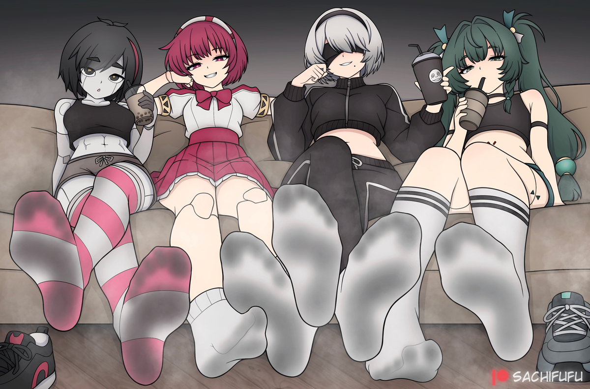 4girls, black hair, clothed, clothing, dirty socks, dominant female, dorothy haze, feet, female, female only, foot fetish, foot focus, hoyoverse, jun (mdrg), legs, legwear, looking at viewer, multiple females, multiple girls, my dystopian robot girlfriend, nier: automata, qingyi (zenless zone zero), robot girl, sachifufu, shoes removed, short hair, sitting, smug, smug face, socks, soles, twintails, va-11 hall-a, white socks, yorha 2b, zenless zone zero