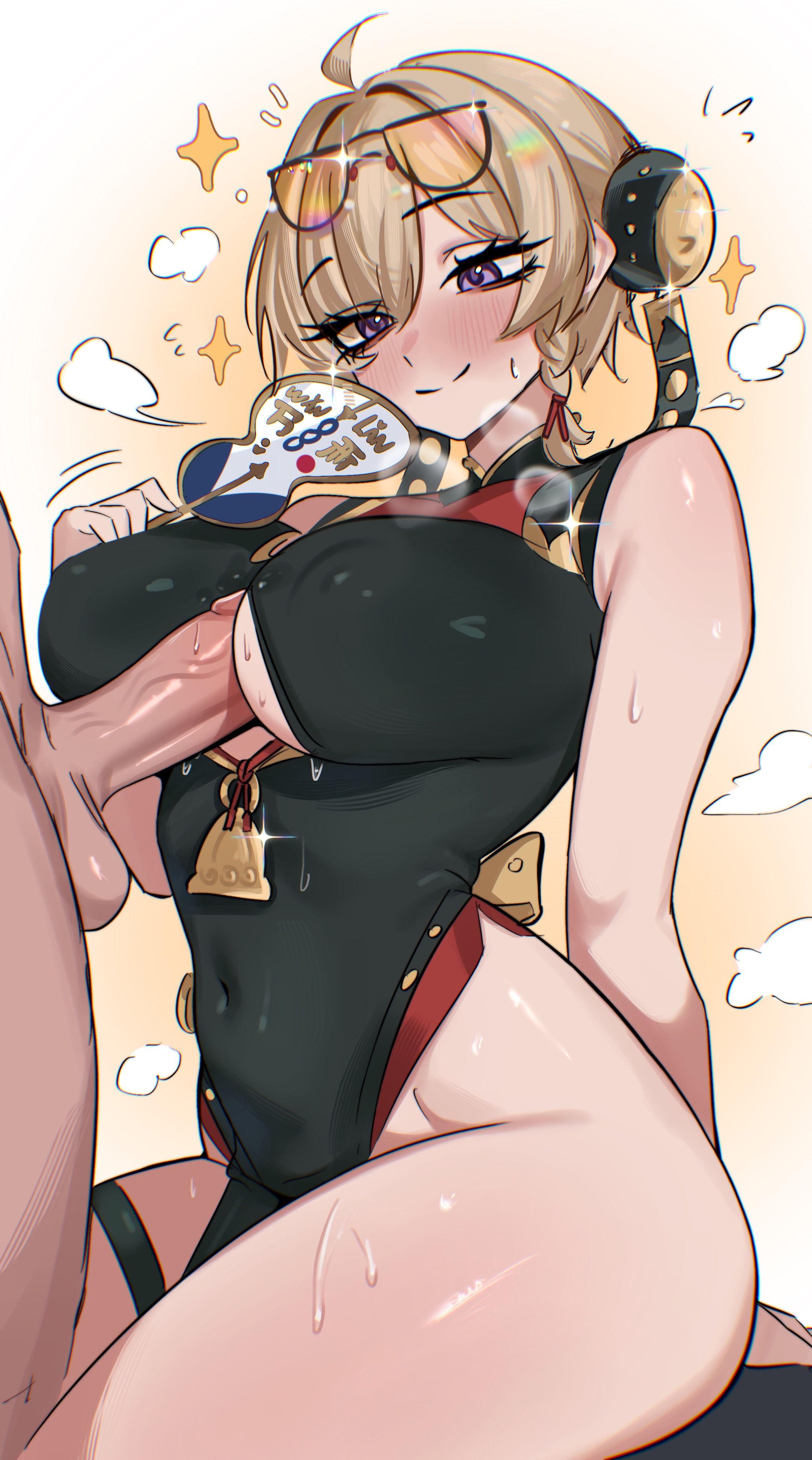 1boy, 1girls, adramallih, balls, blonde hair, breasts, female, hoyoverse, light skin, light-skinned female, light-skinned male, male, mihoyo, outercourse, paizuri, paizuri under clothes, purple eyes, sweety (zenless zone zero), zenless zone zero