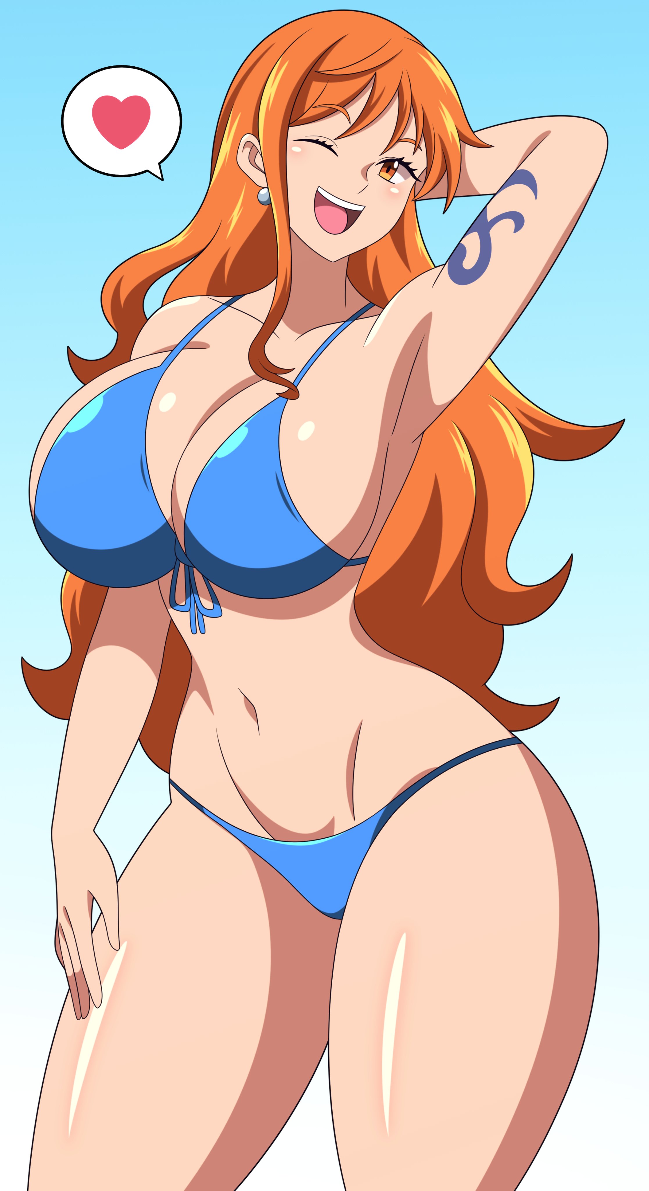 1girls, abyss162, arm tattoo, armpit, big boobs, big breasts, bikini, blue bikini, blue tattoo, blush, boobs, breasts, female, female only, long hair, nami (one piece), one arm up, one eye closed, one piece, open mouth, orange hair, orange-haired female, post-timeskip, seductive, smile, tattoo
