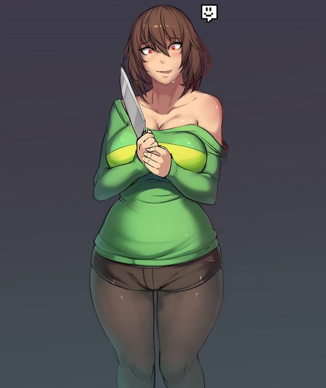 aged up, blush, breasts, brown hair, chara, clothed, clothing, drooling, female, female chara, human, knife, large breasts, metal owl, pantyhose, red eyes, shorts, solo, sweater, undertale, undertale (series)