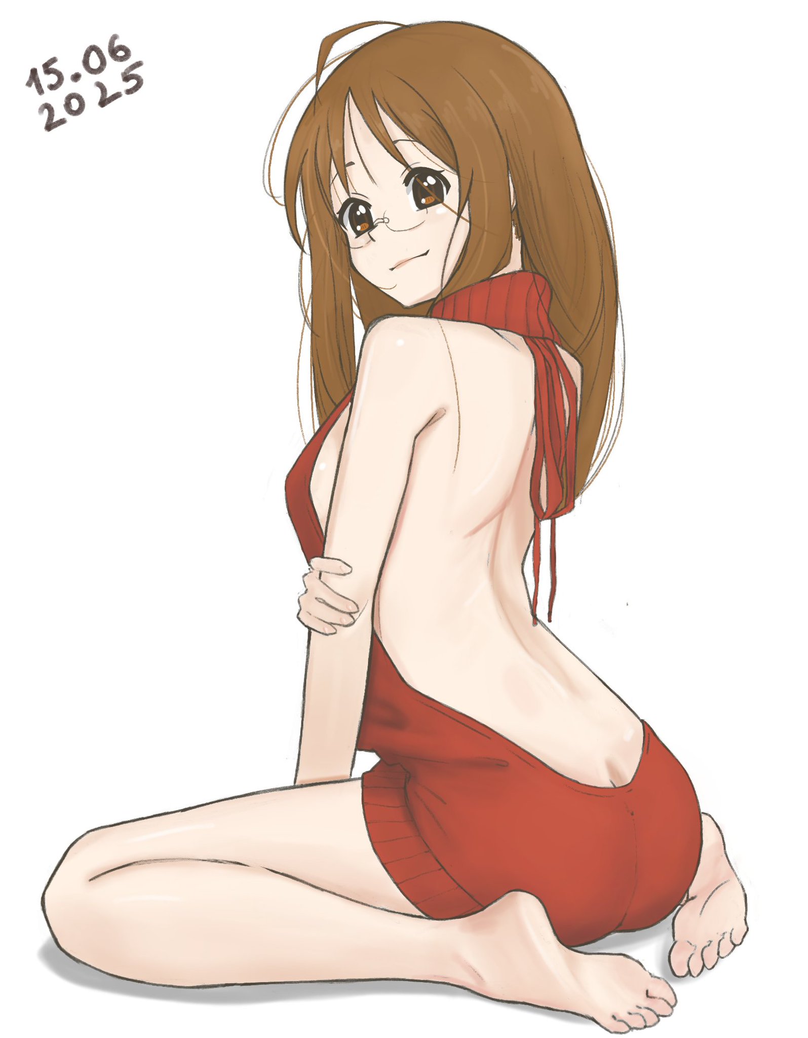 2025, andrey pavlow, brown eyes, brown hair, feet, glasses, k-on!, kneeling, looking back at viewer, sawako yamanaka (k-on!), simple background, virgin killer sweater