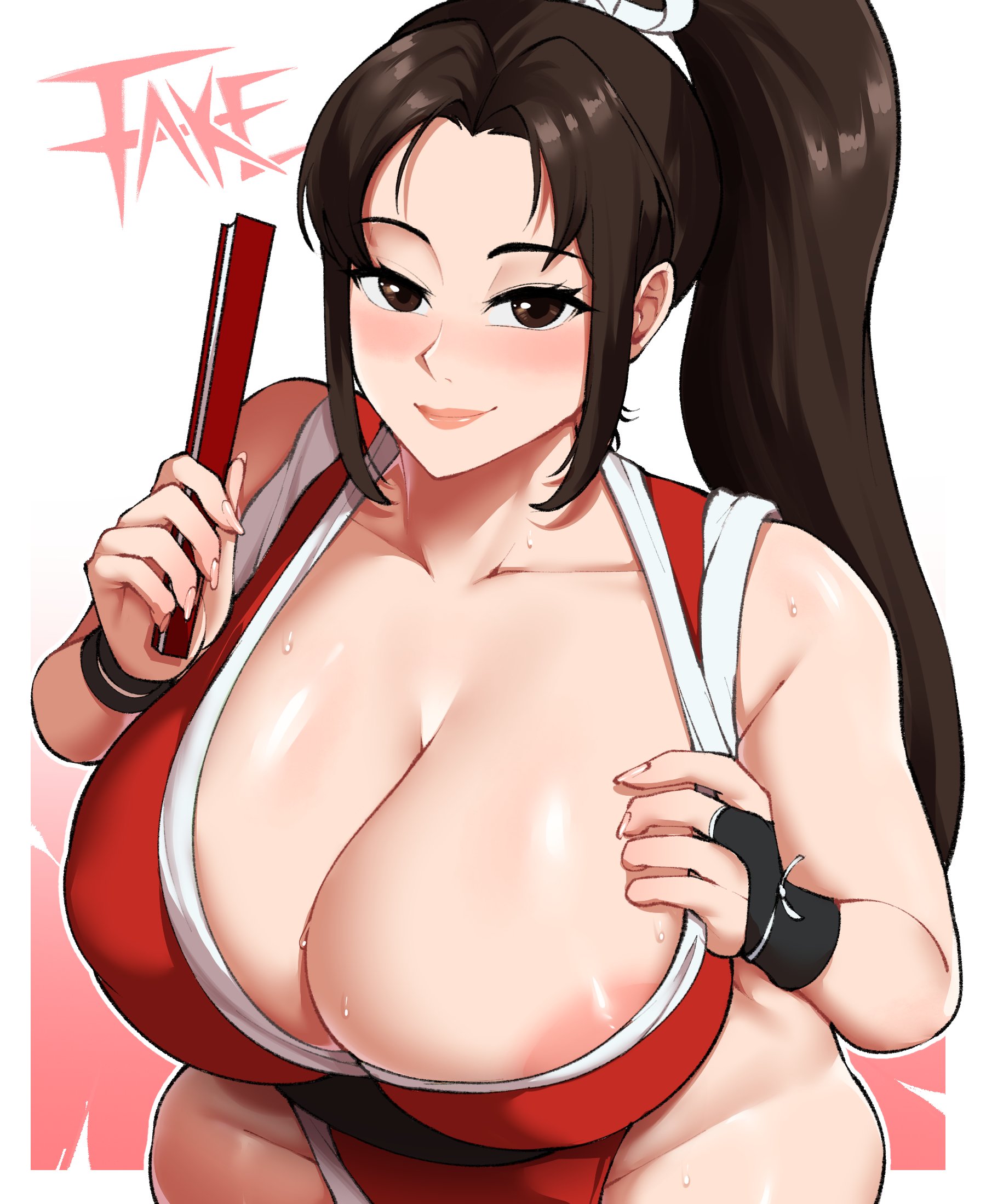 1girls, breasts, cleavage, fake (artist), fatal fury, female, female focus, female only, hi res, king of fighters, large breasts, light skin, light-skinned female, looking at viewer, lord socar, mai shiranui, solo, thighs, wide hips