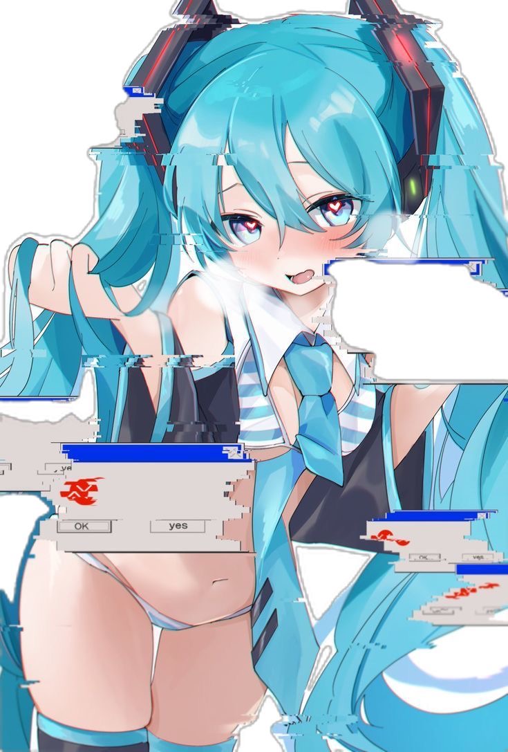 1girl, aqua eyes, aqua hair, bikini, black thighhighs, blue eyes, blue hair, blush, blushing, bra, breasts, cyan eyes, cyan hair, detached sleeves, error, female, glitch, hair between eyes, hatsune miku, heart, heart-shaped pupils, horny face, horny female, long hair, looking at viewer, navel, necktie, open mouth, panties, simple background, solo, striped, striped bra, striped panties, swimsuit, symbol-shaped pupils, tagme, thighhighs, twintails, underwear, very long hair, white background, windows 95