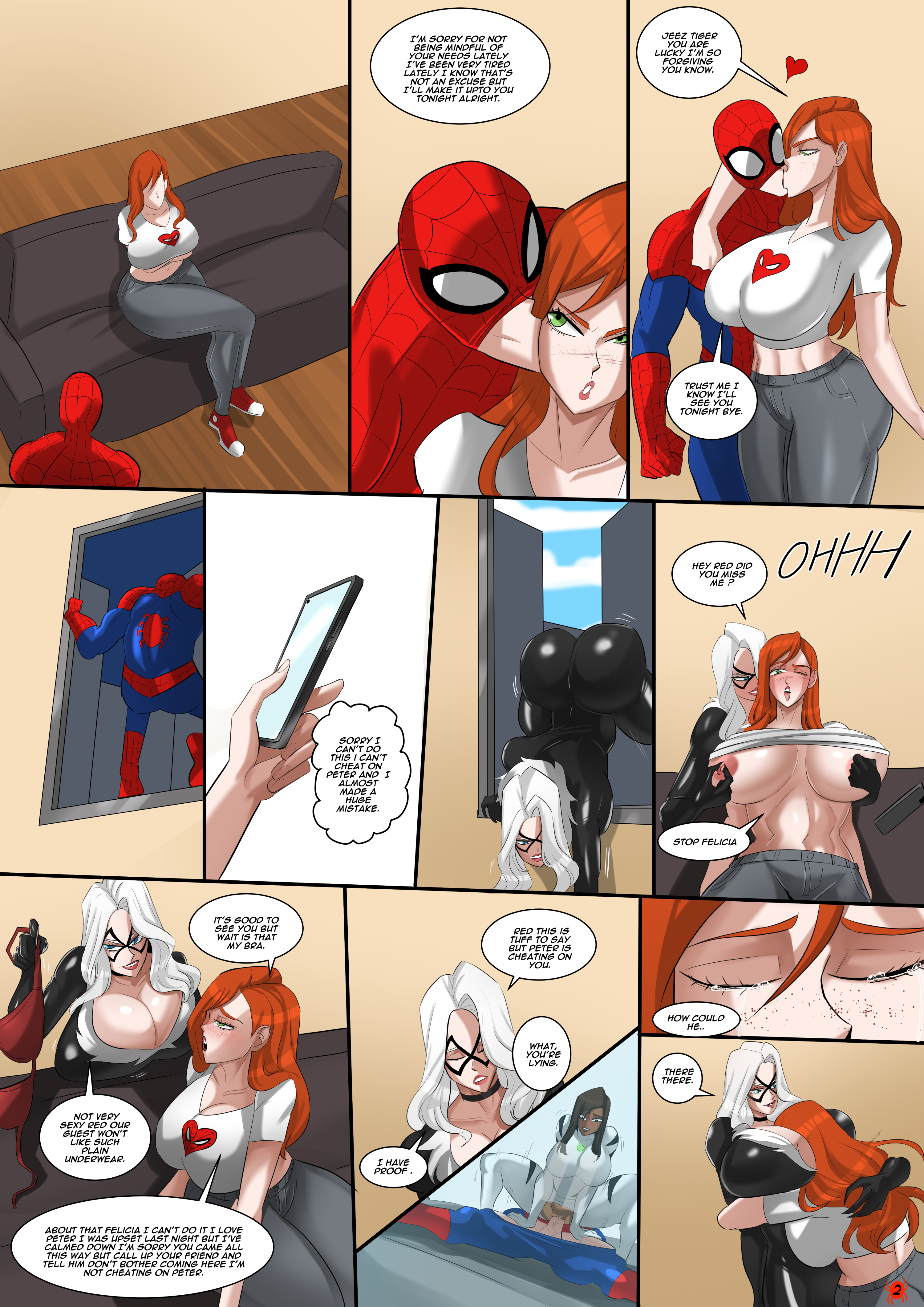 2d, ass, ava ayala, big ass, big breasts, black cat (marvel), breasts, dark-skinned female, face in breasts, felicia hardy, female, ginger, ginger female, ginger hair, kissing, light-skinned female, light-skinned male, male, marvel, marvel comics, mary jane watson, playing with breasts, playing with nipple, red hair, red-haired female, reverse cowgirl position, riding, spider-man, spider-man (series), venomarts00, white tiger (marvel), zstorys22