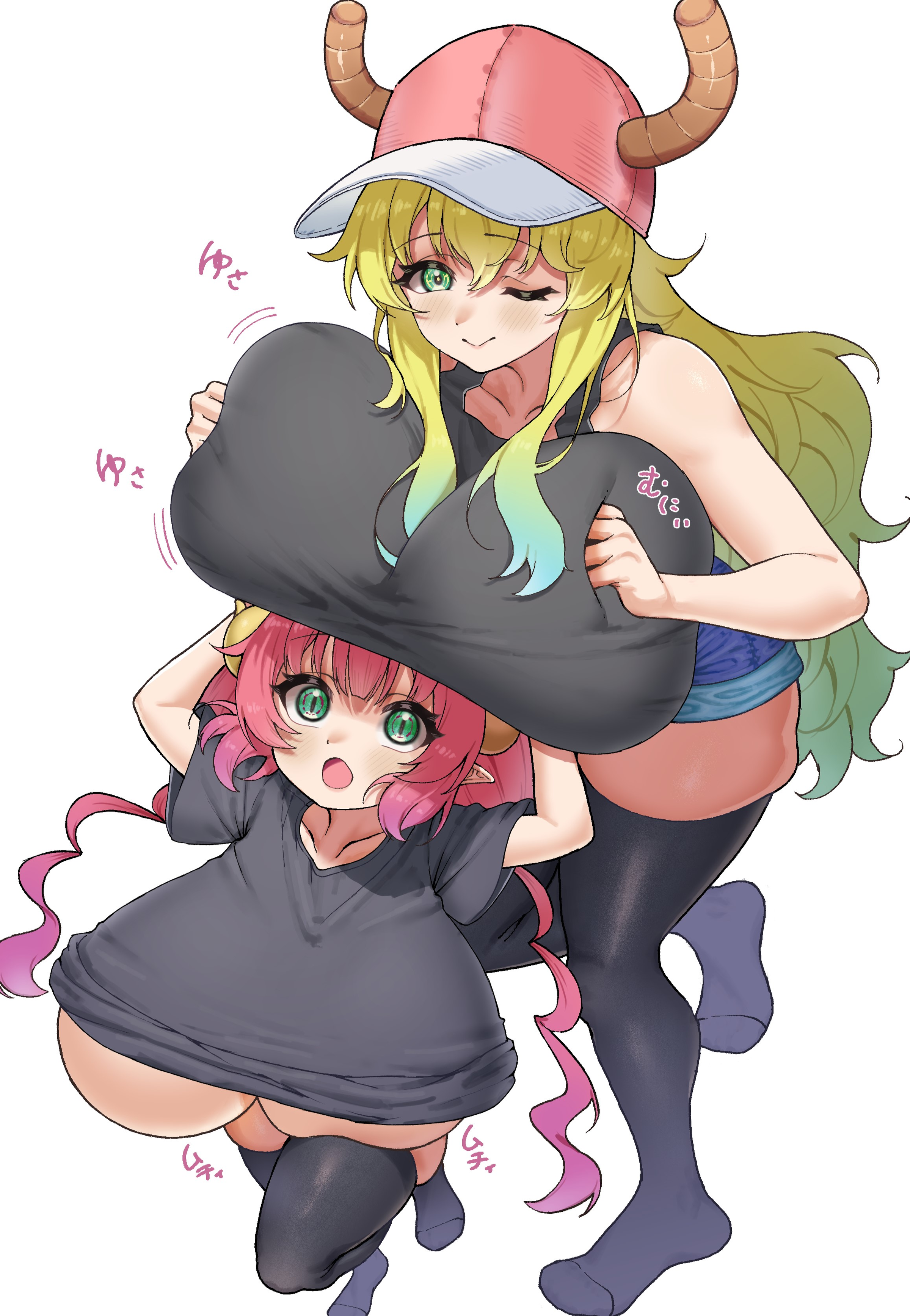 2girls, arms up, big breasts, blush, breasts, breasts bigger than head, busty, cap, clothed, clothing, collarbone, dragon girl, dragon horns, eyebrows visible through hair, female, female only, gigantic breasts, green eyes, green hair, hat, holding breast, horns, huge breasts, ilulu (dragon maid), kneesocks, large breasts, lifting breasts, long hair, looking at viewer, lucoa, lucoa (maidragon), massive breasts, mik4, miss kobayashi's dragon maid, multiple females, multiple girls, one eye closed, pink hair, pointy ears, quetzalcoatl (dragon maid), shirt, shortstack, simple background, skindentation, slit pupils, squeezing breast, standing, surprised expression, taller female, tank top, thick thighs, thighs, twintails, underboob, voluptuous, voluptuous female, white background