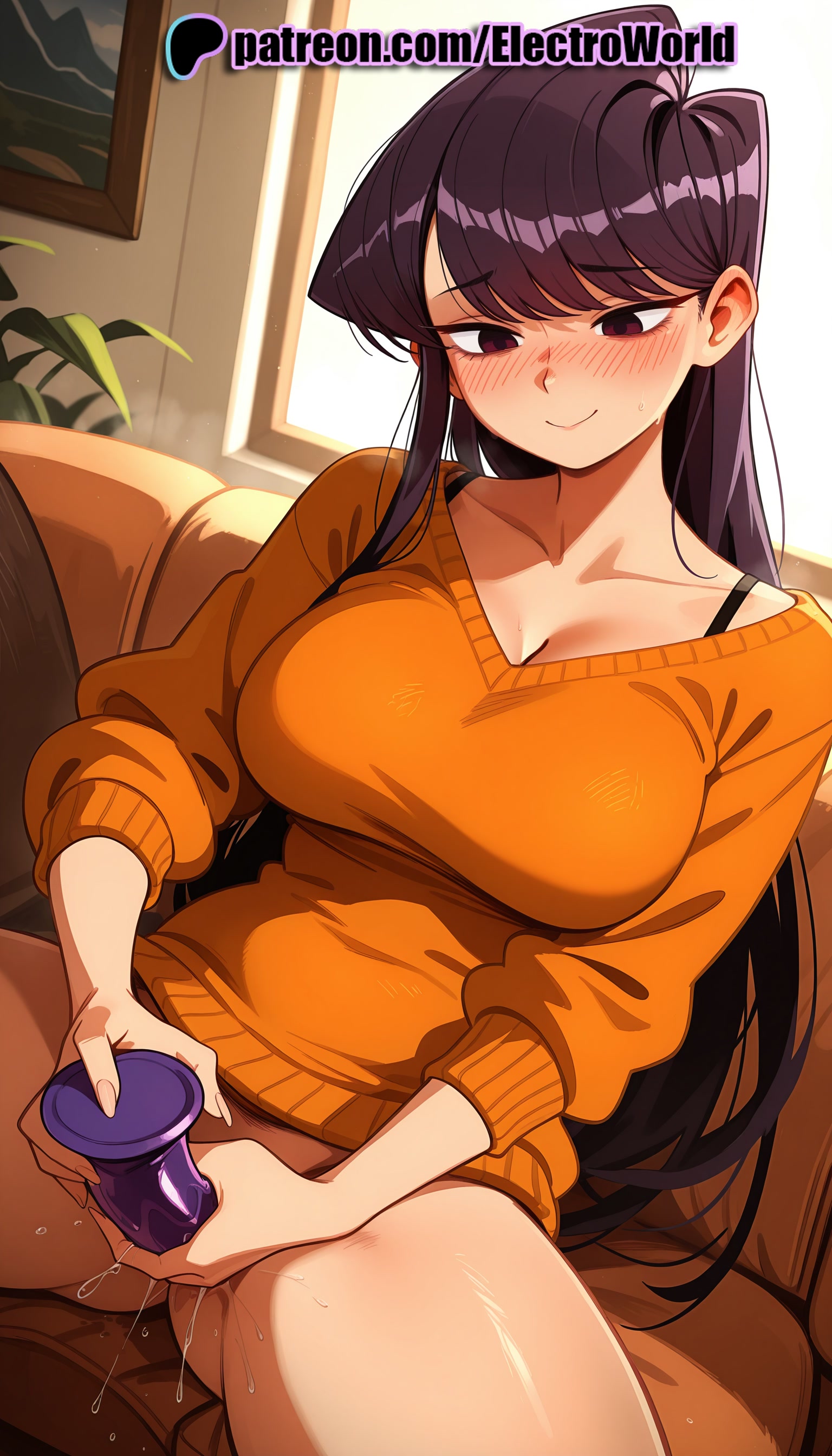 1girls, 2025, ai generated, artist name, blush, bottomless, breasts, bust, chest, couch, electroworld, female, hi res, high quality, high resolution, highres, komi shouko, komi-san wa komyushou desu, leaf, legs apart, legs spread, long hair, masturbation, off shoulder, open legs, orange shirt, orange sweater, patreon, patreon username, plant, potted plant, pussy, pussy juice, smile, solo, splayed legs, spread legs, stable diffusion, sweater, watermark
