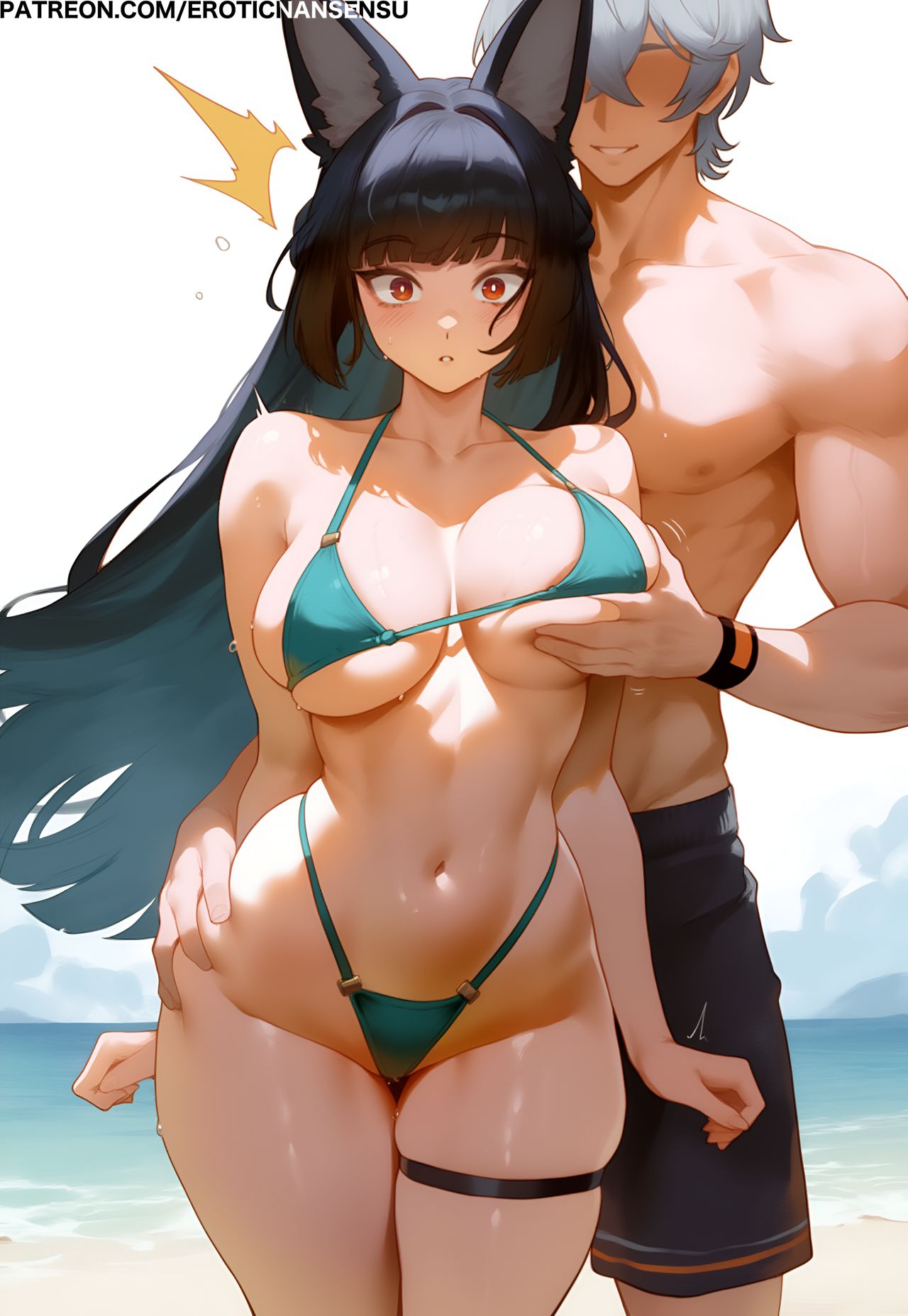 1boy, 1girls, 2d, 2d (artwork), ai assisted, ai generated, artist name, bikini, black hair, blunt bangs, breast grab, breasts, color, digital drawing (artwork), erotic nansensu, female, female focus, hoshimi miyabi, large breasts, light skin, light-skinned female, male, patreon username, red eyes, simple background, straight hair, surprised, swimsuit, thick thighs, thigh strap, thighs, watermark, white background, wide hips, wise (zenless zone zero), zenless zone zero