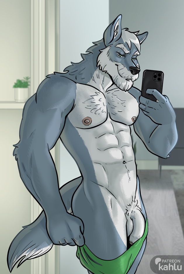 2024 abs anthro arm_tuft ass balls beard biceps body_hair briefs briefs_down canid canine canis cellphone chest_hair clothed clothing deltoids ear_tuft elbow_tuft electronics facial_hair fist flaccid foreskin genitals green_clothing green_underwear grey_hair grin hair holding_cellphone holding_object holding_phone holding_smartphone inside kahlu kahlu_(character) looking_at_cellphone looking_at_object looking_at_phone male mammal masculine_male mature_male moustache muscular muscular_arms navel nipples pecs penis phone pubes shoulder_tuft smartphone smile solo standing taking_picture taking_selfie triceps tuft uncircumcised underwear underwear_only wolf