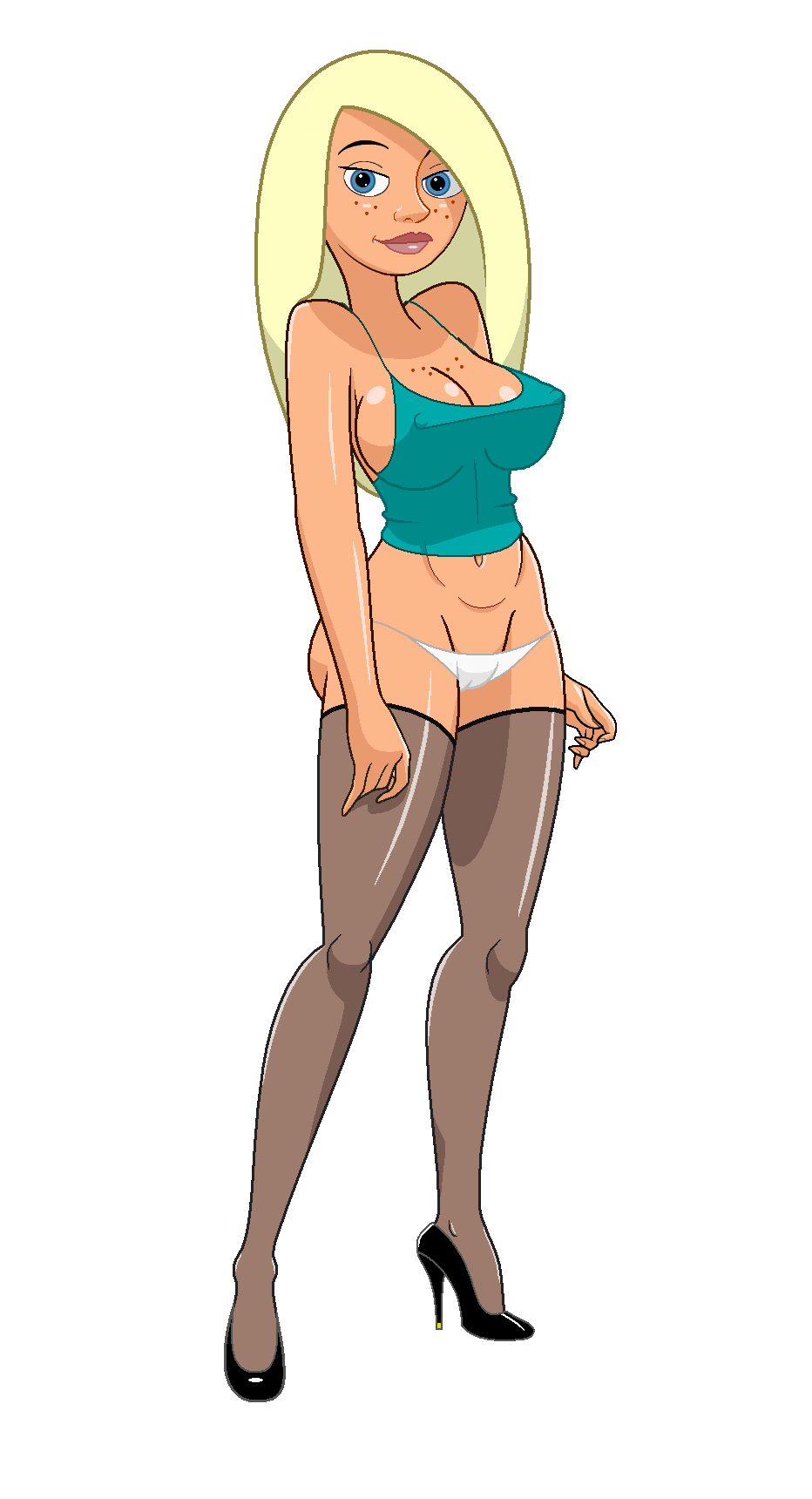 1girls aged_up alternate_version_available bare_shoulders big_breasts blonde_hair blue_eyes brown_footwear brown_legwear brown_stockings busty cleavage curvy disney disney_channel erect_nipple erect_nipples eyeliner female female_only fnbman footwear freckles front_view high_heels hourglass_figure human jessica_(kim_possible) kim_possible large_breasts legwear long_hair looking_at_viewer makeup midriff nipple_bulge older panties shiny shiny_skin simple_background solo standing stockings tan tan_skin tanlines tanned teenage tube_top tubetop underwear voluptuous white_background white_panties wide_hips yellow_hair