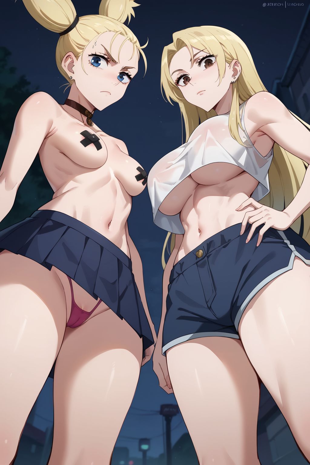 2girls, ai generated, blonde hair, blue eyes, breasts, brown eyes, cameltoe, choker, female, g string, hourglass figure, jujutsu kaisen, large breasts, long hair, looking at viewer, looking down at viewer, miniskirt, navel, nipple tape, nishimiya momo, petite, pussy, see-through clothing, shorts, sleeveless, slender, small breasts, stable diffusion, tagme, thighs, toned, underboob, upskirt, view from below, yuki tsukumo