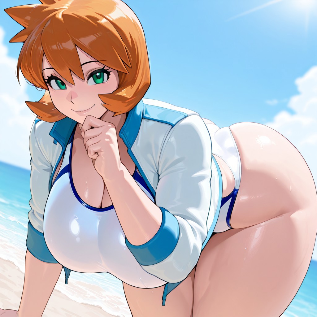 ai generated, all fours, alternate breast size, arm support, ass, bangs, beach, bent over, bikini, blue sky, blush, breasts, cleavage, closed mouth, clothing, cloud, competition swimsuit, curvaceous, curvy, day, female, female only, green eyes, hair between eyes, hand on own chin, hanging breasts, huge ass, huge breasts, jacket, kasumi (pokemon), large breasts, legs, long sleeves, looking at viewer, misty (pokemon hgss), navel, ocean, one-piece swimsuit, open clothes, open jacket, orange hair, outdoors, pokemon, pokemon (anime), pokemon (classic anime), pokemon (game), shiny skin, shirt, short hair, short shorts, shorts, sky, smile, solo, swimsuit, swimsuit under clothes, thick thighs, thighs, water, wet, white jacket, white one-piece swimsuit, white swimsuit, wide hips