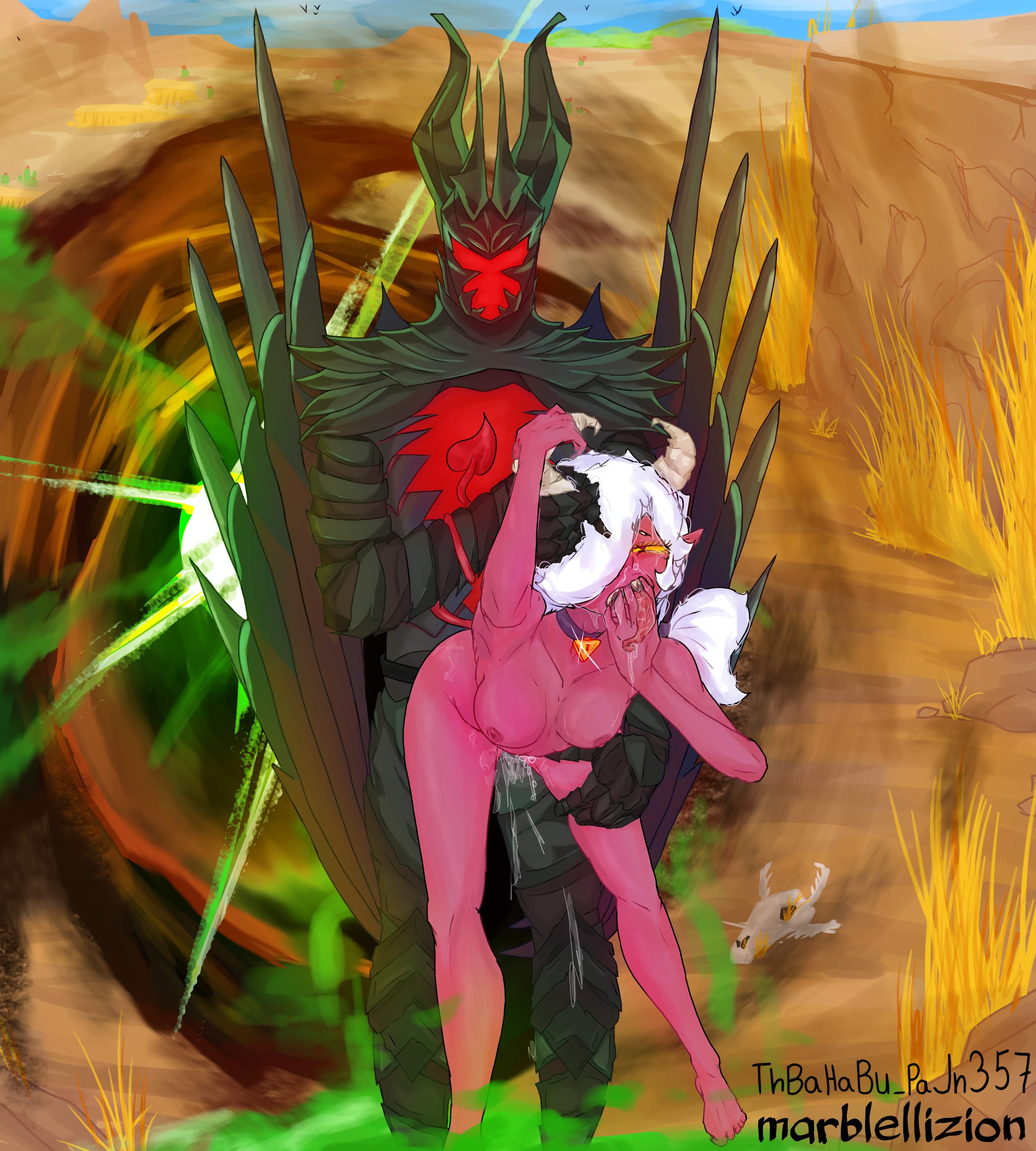 1boy, 1girls, armpits, arms up, boobs focus, boobs out, brawl stars, breasts, choker, colette (brawl stars), crossover, demon, demon boy, demon girl, demon tail, dota, dota 2, dripping, dripping pussy, dripping wet, female, horns, long tongue, marblellizion, pink body, ponytail, portal, purple body, pussy, pussy juice, red body, saliva, saliva drip, saliva trail, scales, sex, succubus, succubus horns, tail, terrorblade (fractal), thbahabu pajn357, thighs, tongue, tongue out, white hair, wings, yellow eyes