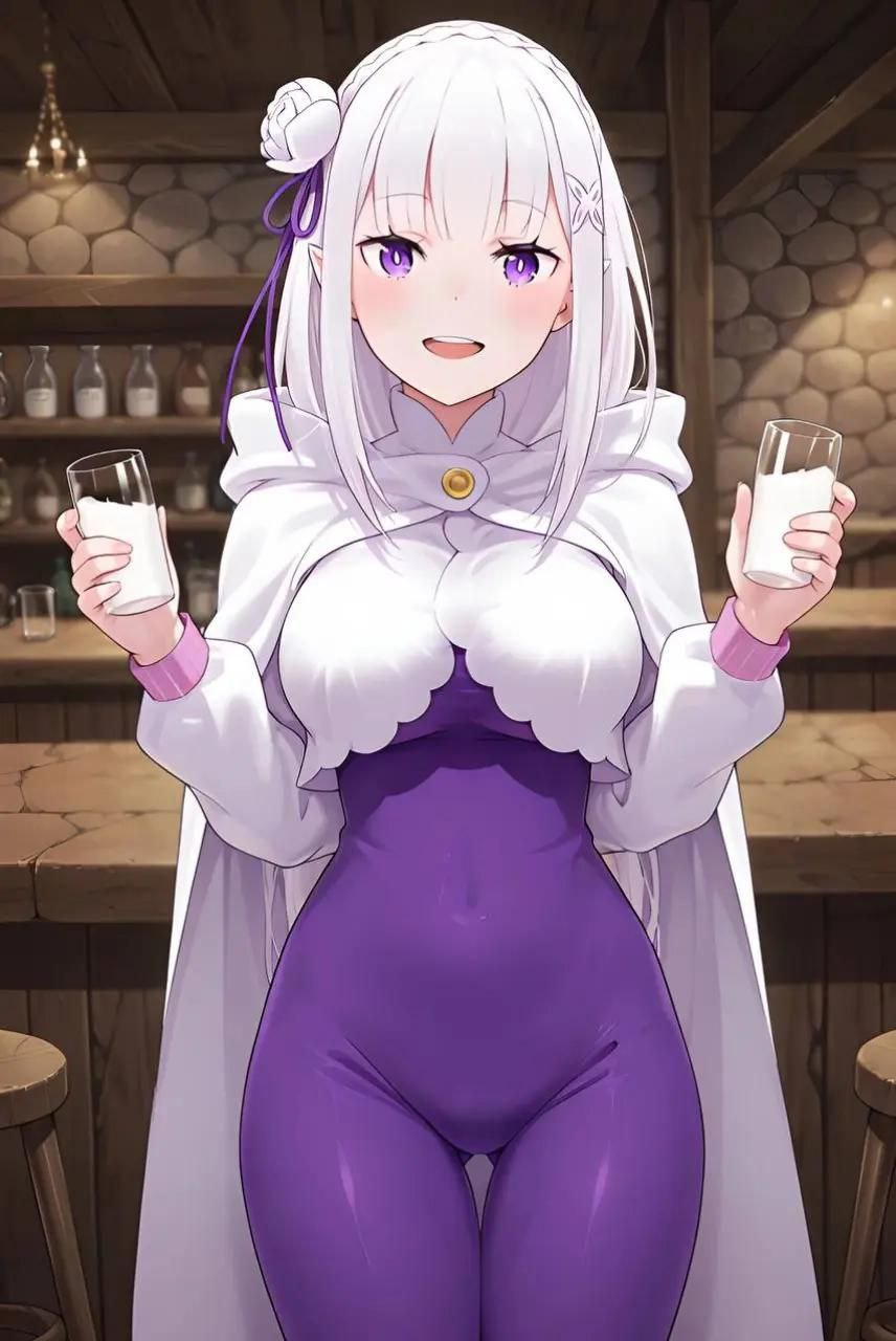 1girls ai_generated bodysuit elf elf_ears elf_female emilia_(re:zero) female female_only flower_in_hair glass_cup hair_ornament hoodie latex latex_clothing latex_suit looking_at_viewer milk purple_bodysuit purple_eyes re:zero_kara_hajimeru_isekai_seikatsu smile solo thighs unitard white_hair