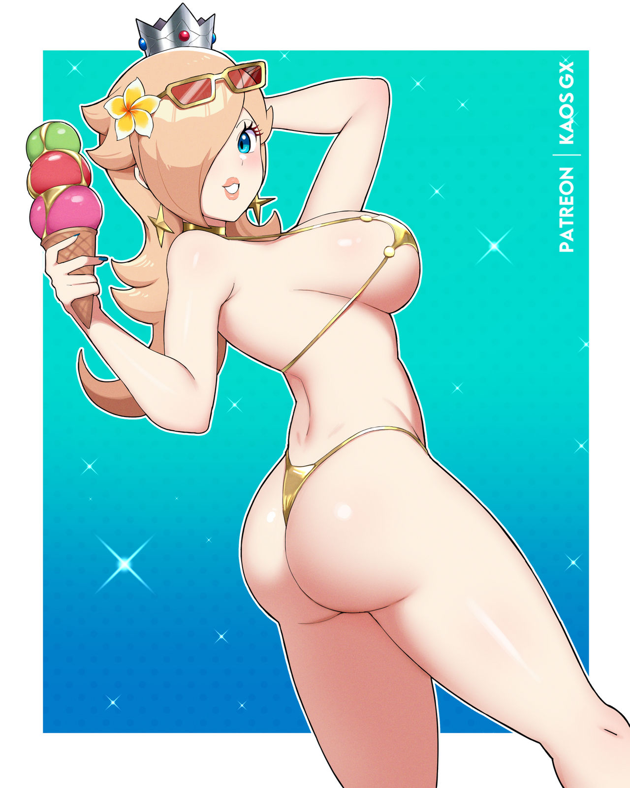 1girls, ass, bikini, bikini bottom, bikini top, blonde hair, blue eyes, crown, ear piercing, female, female only, golden bikini, golden week, human, ice cream, kaos art, mammal, mario (series), mature, mature female, nintendo, princess, princess rosalina, royalty, solo, solo female, solo focus
