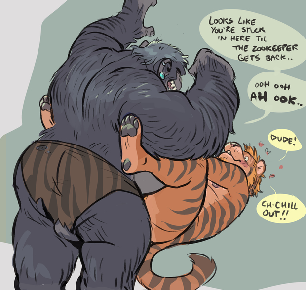 2025 anthro ape arm_hair aroused ass balls biceps big_butt blush body_hair bottomwear butt_hair clothed clothing dialogue dominant dramamine duo ear_piercing english_text eye_contact felid forearm_hair forearms genitals gorilla grin hairy hairy_back hairy_hands hairy_legs hands_above_head haplorhine heart_symbol legs_up loincloth loincloth_only looking_at_another lying male male/male mammal muscular muscular_thighs nude on_back open_mouth pantherine pecs piercing playful_banter primate rear_view reclining roleplay slightly_chubby smile speech_bubble text tiger topless triceps