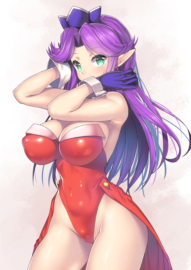 angela big_breasts blush breasts cleavage clothed covered_nipples female female_only gloves green_eyes large_breasts leotard long_hair looking_at_viewer nagase_haruhito navel pointy_ears purple_hair seiken_densetsu_3 sleeveless solo sweat teal_eyes thick_thighs thigh_gap thighs trials_of_mana very_long_hair voluptuous wet wide_hips