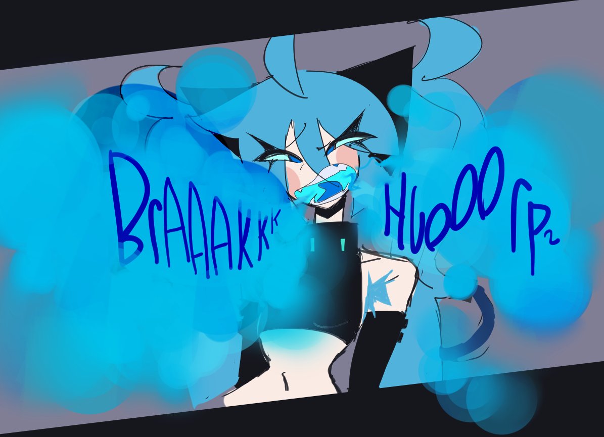1girl, ahoge, armpit hair, blue eyes, blue hair, blue mouth, blue tongue, burp, burp cloud, burp fetish, burping, closed eyes, crop top, decaiien, english text, exposed midriff, female, female focus, female only, gassy, gassy female, grey background, hatsune miku, letterboxed, long hair, midriff, navel, onomatopoeia, open mouth, solo, twintails, upper body, vocaloid