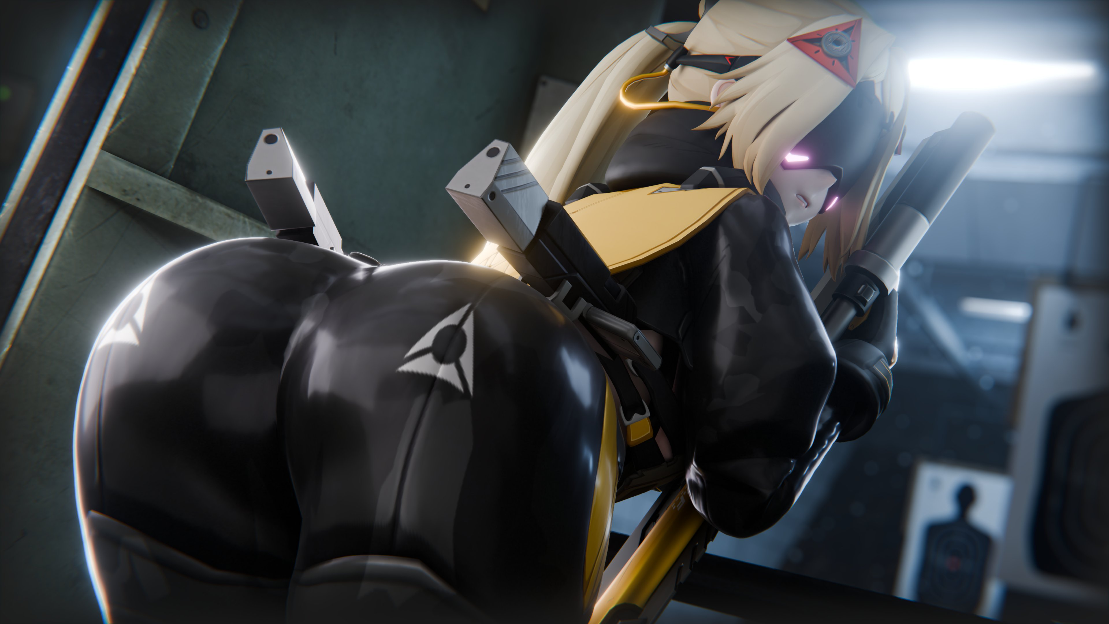 1girls, 3d, ass, bent over, big ass, blonde hair, bubble ass, bubble butt, camouflage pants, clothing, dkclaude3d, fat ass, female, female only, gun, huge ass, indoors, large ass, looking at viewer, looking back, rifle, shooting range, sniper, soldier, solo, thick ass, thick thighs, trigger (zenless zone zero), visor, wide hips, zenless zone zero