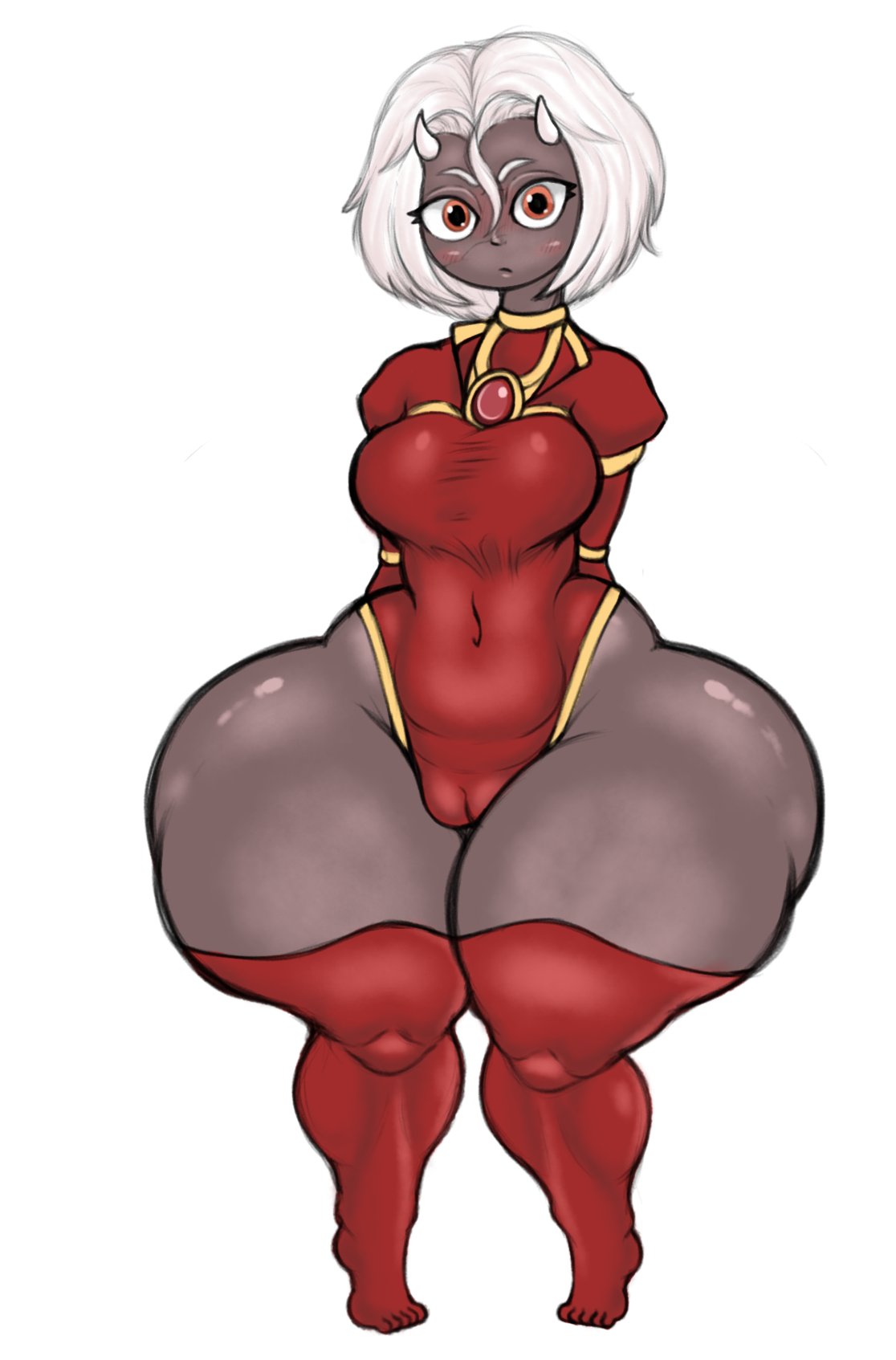 :o, 1girls, 2025, big breasts, breasts, calamitas, calamity mod, clothed, demon, demon girl, demon horns, female, female only, gatofashado, grey body, grey skin, hands behind back, hi res, horns, kneehighs, pussy, red clothing, red eyes, revealing clothes, short hair, solo, standing, terraria, thick thighs, thighs, white hair, witch