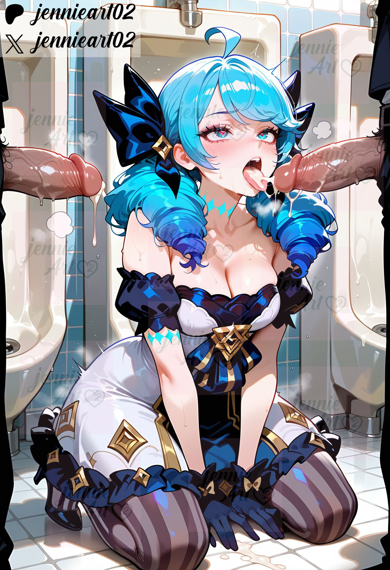 2boys, after ejaculation, after fellatio, ahoge, ai generated, bangs, bare shoulders, bathroom, black bow, black gloves, blue eyes, blue hair, blush, bow, breasts, cleavage, clothing, collarbone, cum, cum in mouth, cum on tongue, detached sleeves, dress, drill hair, fellatio, female, frilled dress, gloves, green eyes, grey dress, group sex, gwen (league of legends), hair ornament, hairbow, high heels, imminent fellatio, jennieart02, large breasts, league of legends, legwear, long hair, male, mmf threesome, multiple boys, multiple males, open mouth, oral, pantyhose, patreon, patreon logo, patreon username, penis, puffy short sleeves, puffy sleeves, riot games, short sleeves, sitting, solo focus, straight, striped, striped clothes, striped pantyhose, striped thighhighs, teeth, threesome, tiles, toilet, tongue, tongue out, twin drills, twintails, twitter, twitter username, urinal, watermark