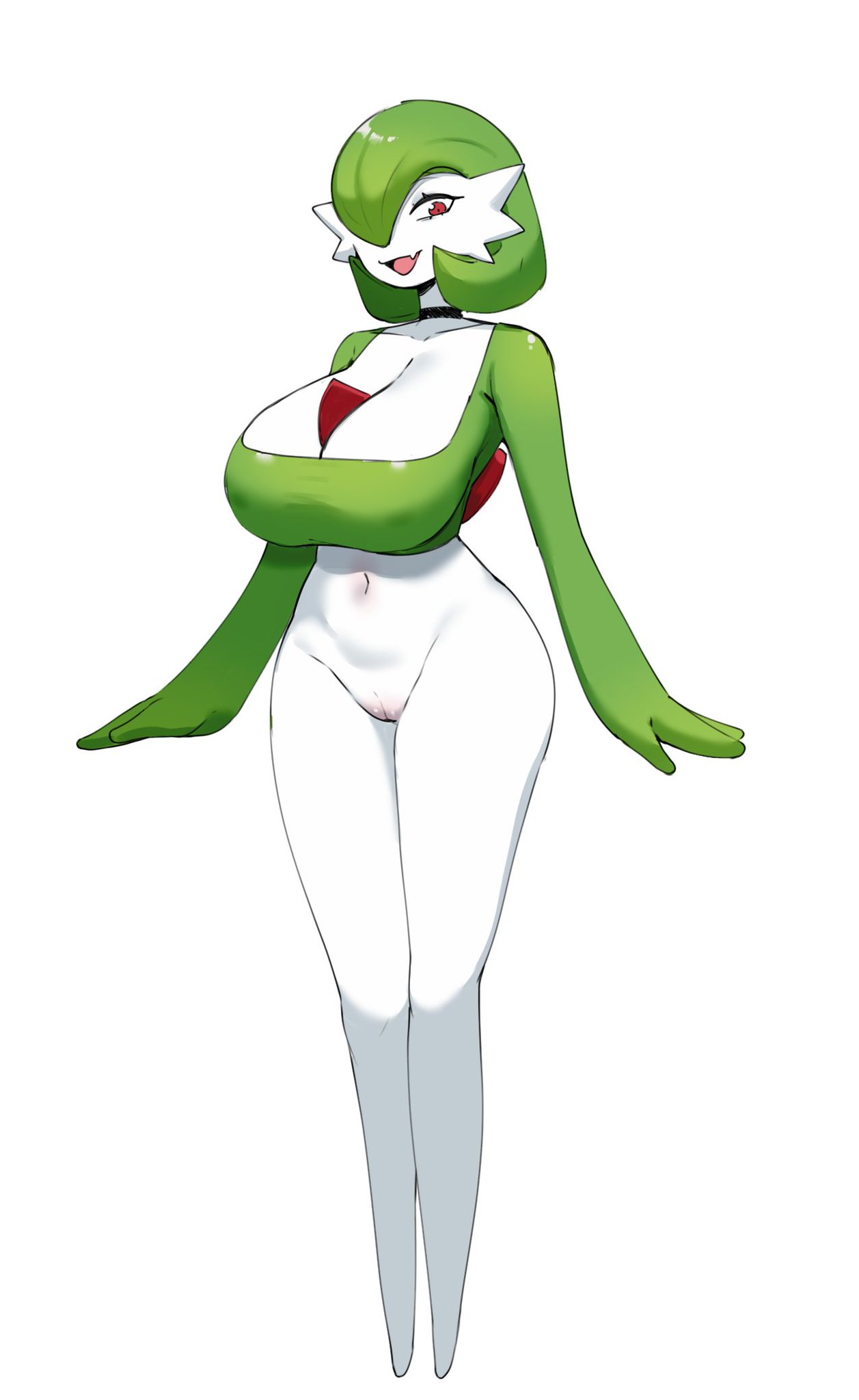 big breasts, big titties, breasts, curvaceous, curvaceous female, curvaceous figure, curvy, curvy figure, curvy hips, female, female focus, female only, game freak, gardevoir, green hair, looking at viewer, nintendo, pokemon, pokemon (species), pussy, red eyes, white skin, wozzu1