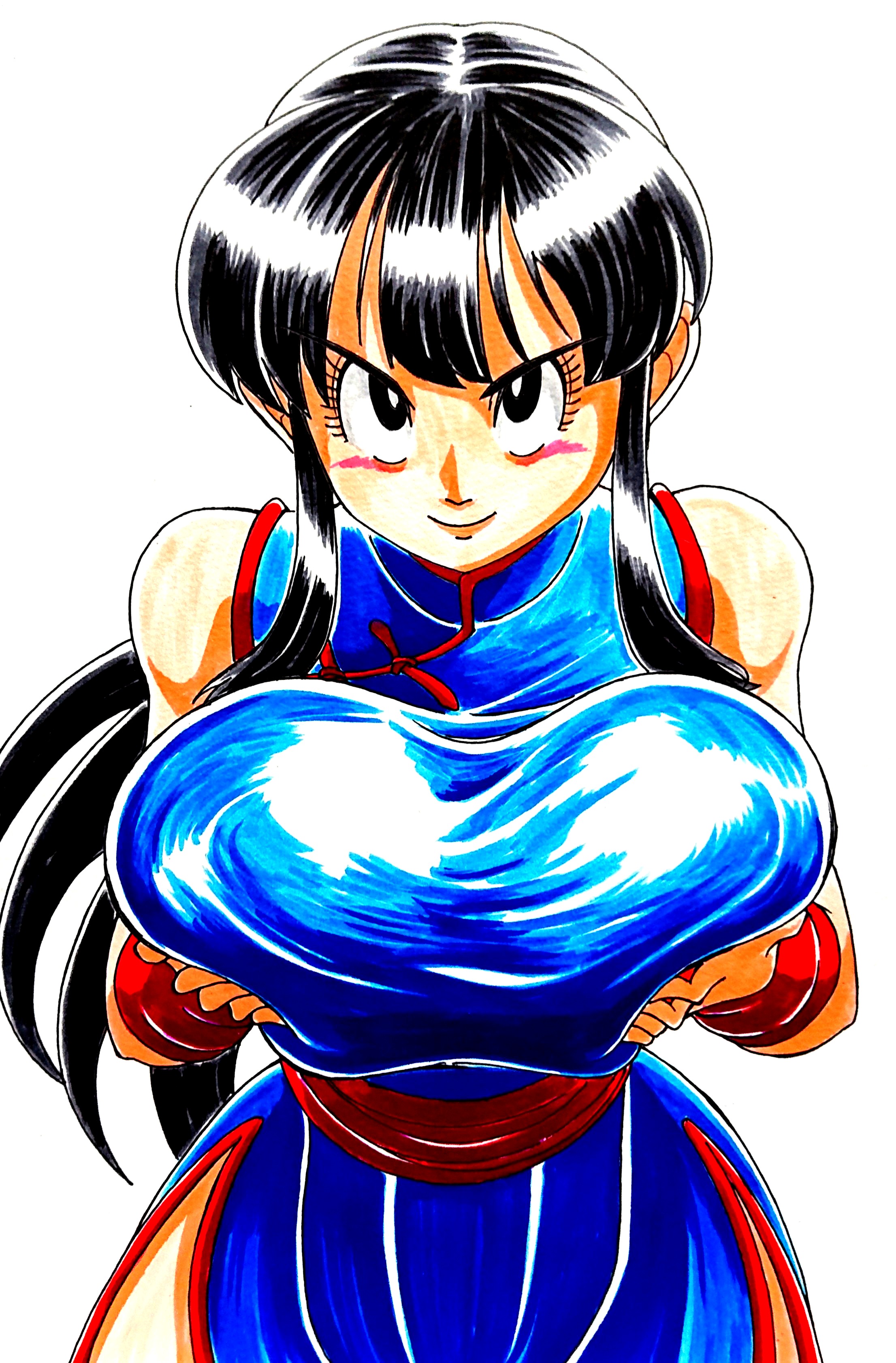 1girls, 2d, area5169458561, big breasts, black hair, blush, breasts, chichi, chichi (dragon ball), chinese clothes, dragon ball, dragon ball (classic), dress, female, full color, fully clothed, holding own breasts, no penetration, ponytail, smile, solo, solo female, traditional media, wristband