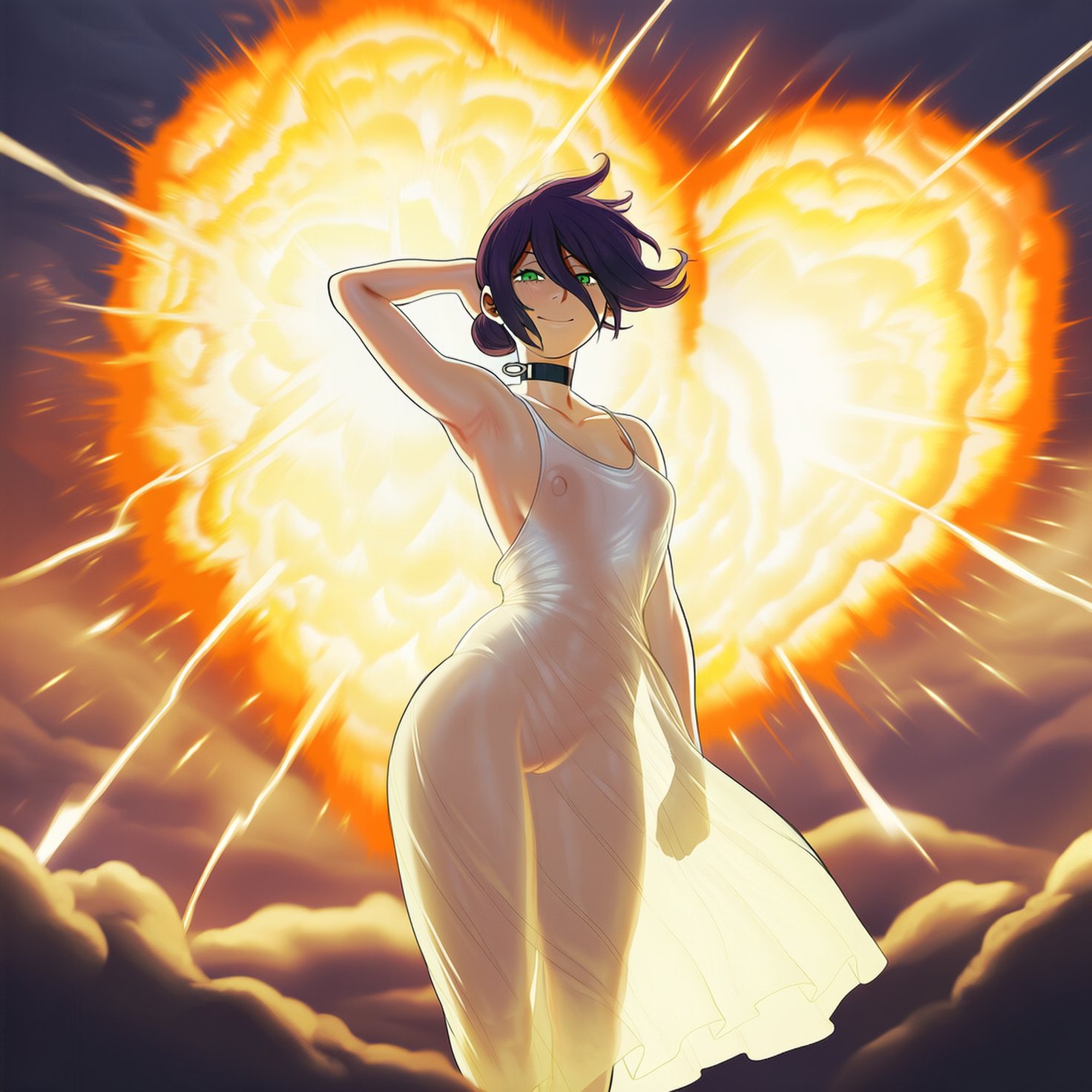 ai assisted, ai generated, black hair, chainsaw man, choker, cowboy shot, explosion, female, female only, green eyes, kokenaart, looking at viewer, nipples, pussy, reze (chainsaw man), small breasts, solo, translucent clothing