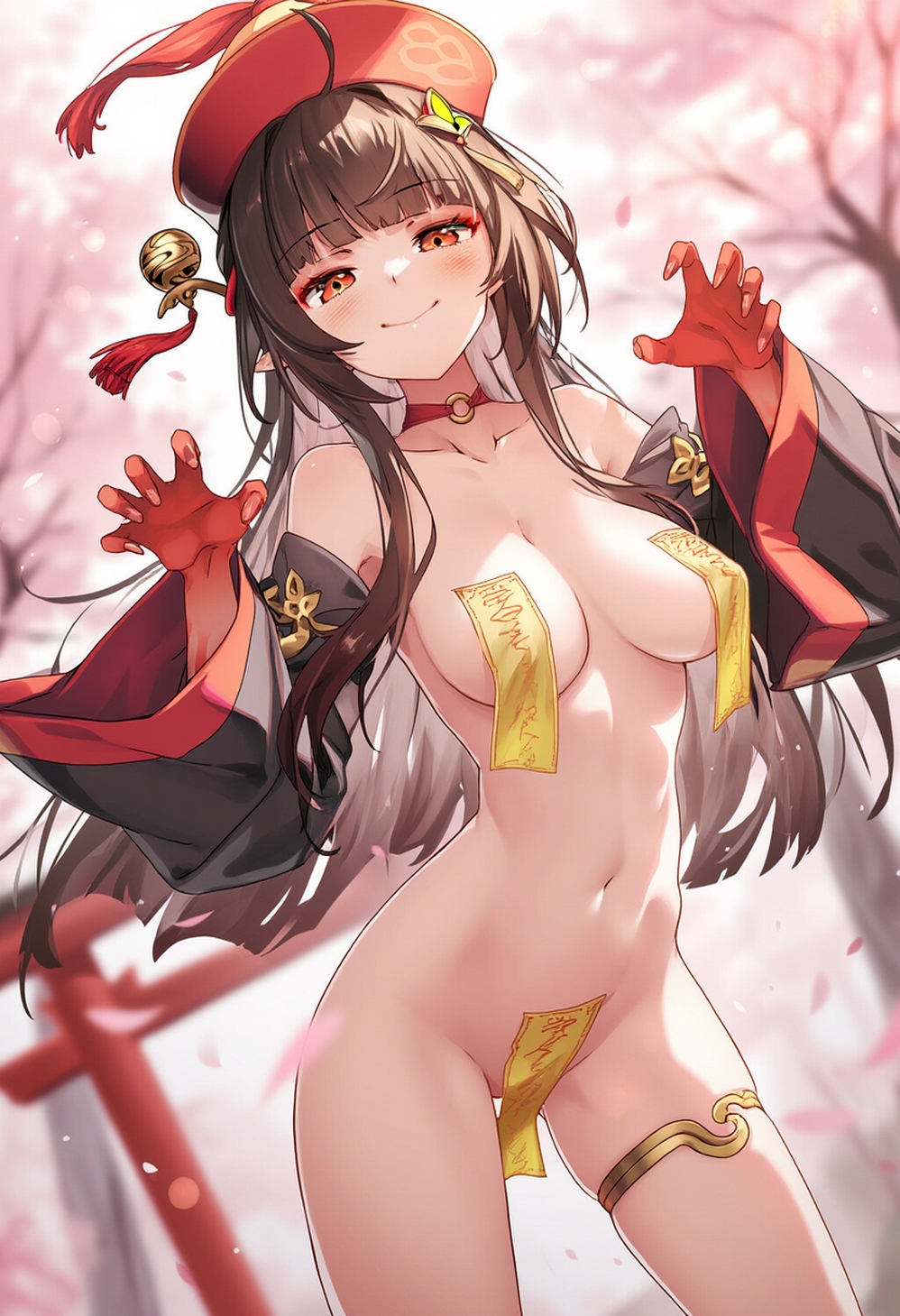ai generated, brown hair, cherry blossoms, covered nipples, covered pussy, daytime, female, female only, honkai: star rail, lingsha (honkai: star rail), naked female, pussy, raaicave, red eyes, shoulders