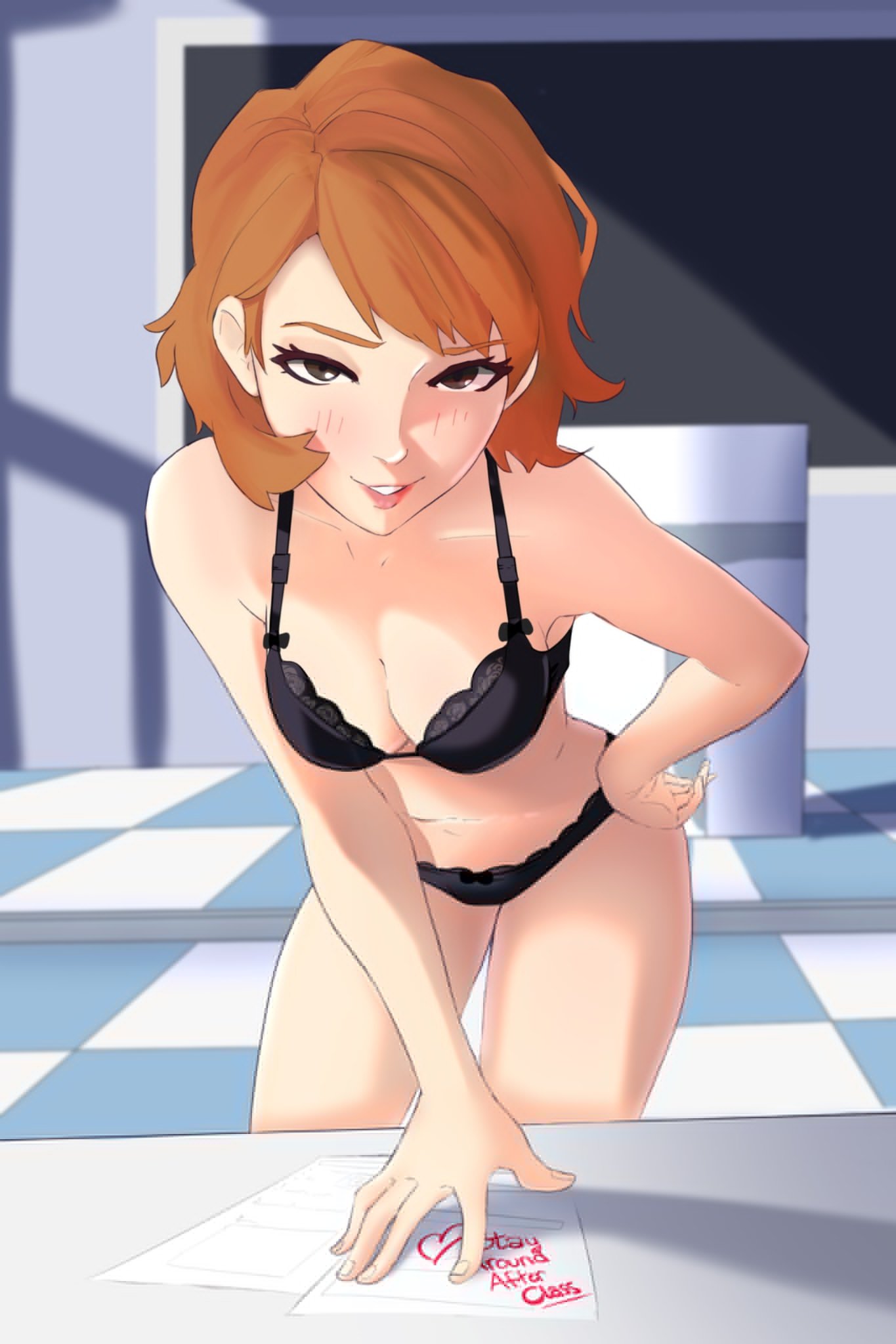 1girls, atlus, black bra, black eyes, black panties, blysill, bottomwear, bra, brown hair, clevage, female, female only, hair, hand on hip, hips, lace, lace trim, lace-trimmed bra, lingerie, lips, looking at viewer, mature, mature female, mature woman, naughty face, panties, paper, persona, persona 3, seductive, seductive look, short hair, smile, solo, solo female, text, thighs, topwear, toriumi isako