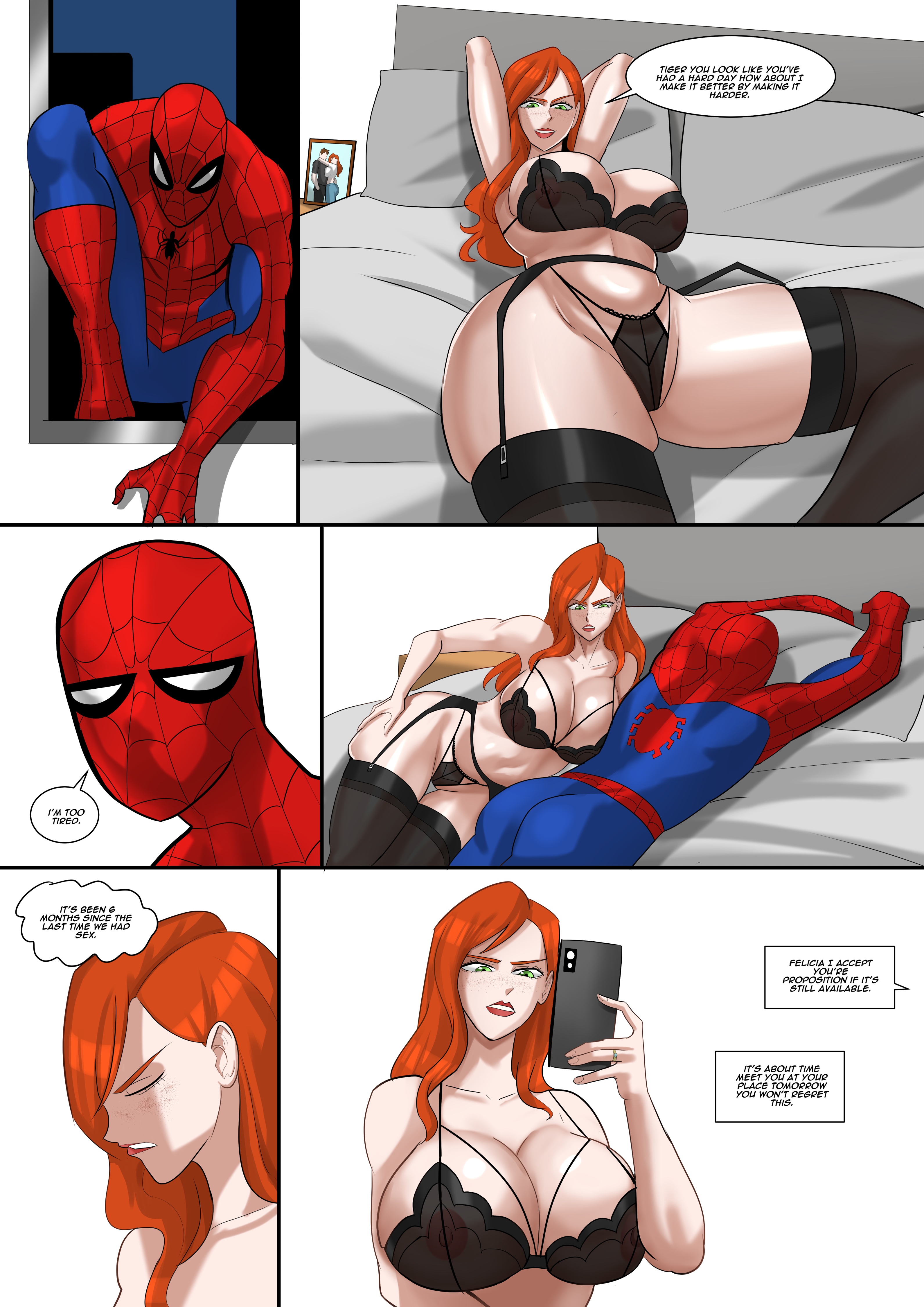 big breasts, breasts, comic, disappointed, female, lingerie, marvel, marvel comics, mary jane watson, red hair, spider-man, text, thick thighs, venomarts00, zstorys22