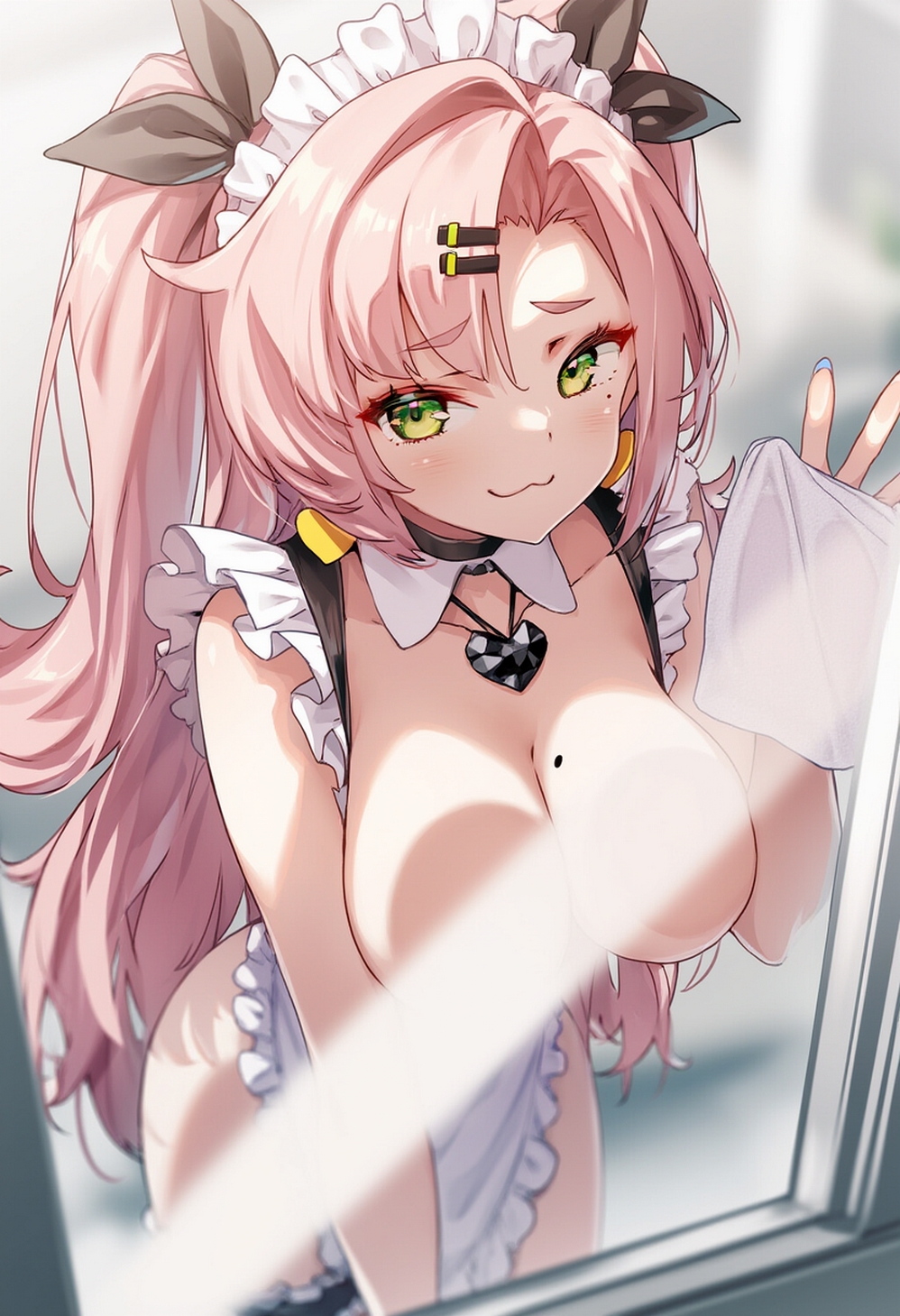 ai generated, big breasts, breasts, cleaning rag, cleaning windows, female, female only, green eyes, maid outfit, maid uniform, nicole demara, pink hair, raaicave, white censor, zenless zone zero