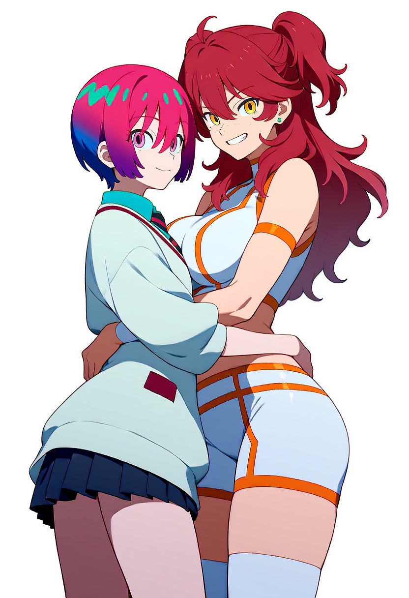 2girls, ai generated, amate yuzuriha, breasts, crossover, female, female focus, female human, female only, female villain, freckles, freckles on face, ginger, gundam, gundam 00, gundam gquuuuuux, hug, large breasts, light skin, light-skinned female, long hair, nena trinity, overknee boots, pale skin, pale-skinned female, red hair, school uniform, short female, short hair, shorts, skirt, stud earrings, thighhighs, twintails, villain on heroine, villain/heroine, villainess, villainess on heroine, yellow eyes
