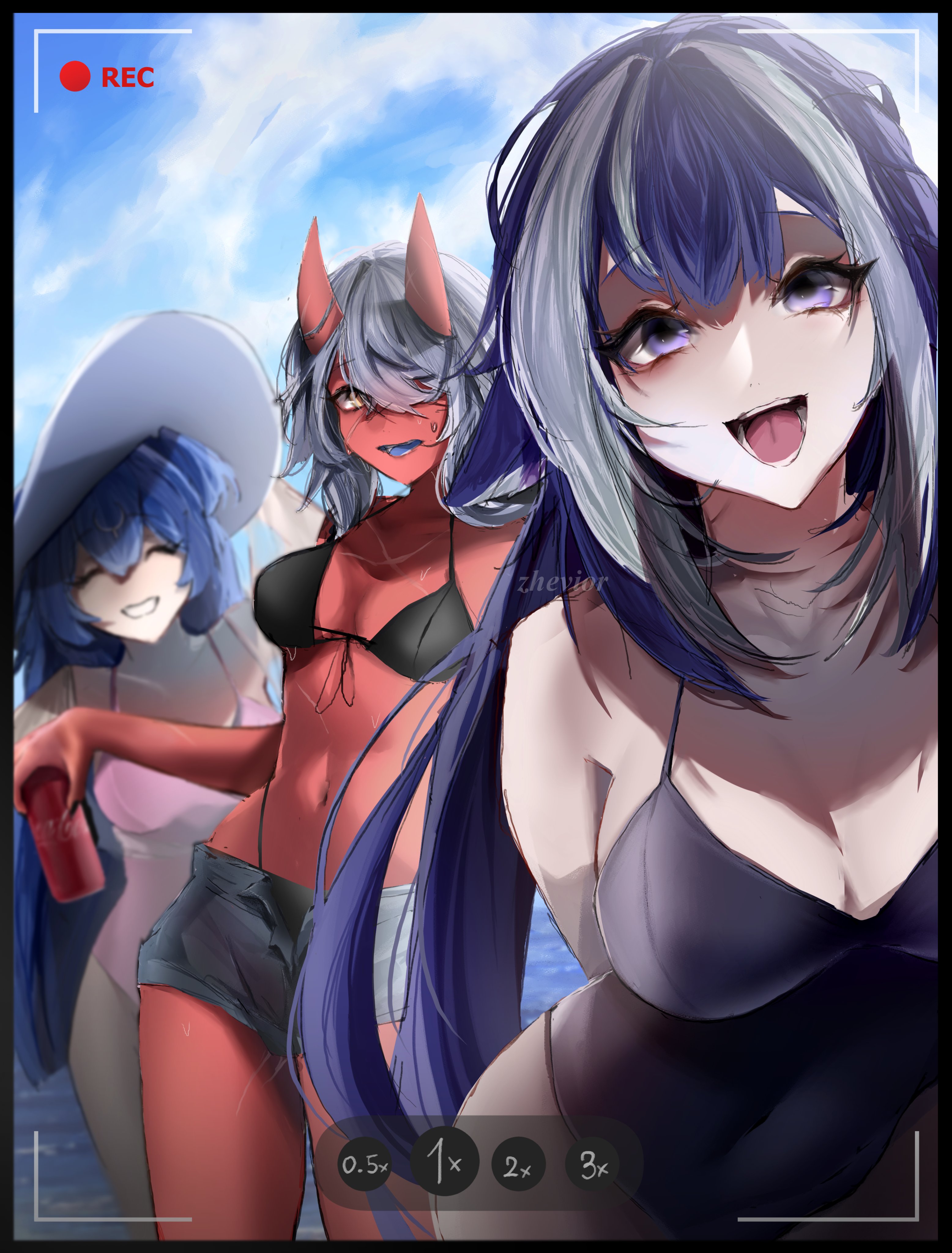 :d, 3girls, akumi, bao (vtuber), bare shoulders, beer can, bikini, black bikini, black shorts, blue hair, breasts, can, cleavage, closed eyes, day, fangs, female, grey hair, grin, halterneck, hat, holding can, horns, letterboxed, long hair, looking at viewer, medium breasts, multiple females, multiple girls, navel, oni horns, open mouth, phone screen, recording, sharp teeth, short hair, short shorts, shorts, shylily, sky, smile, swimsuit, teeth, tongue, viewfinder, virtual youtuber, vyugen