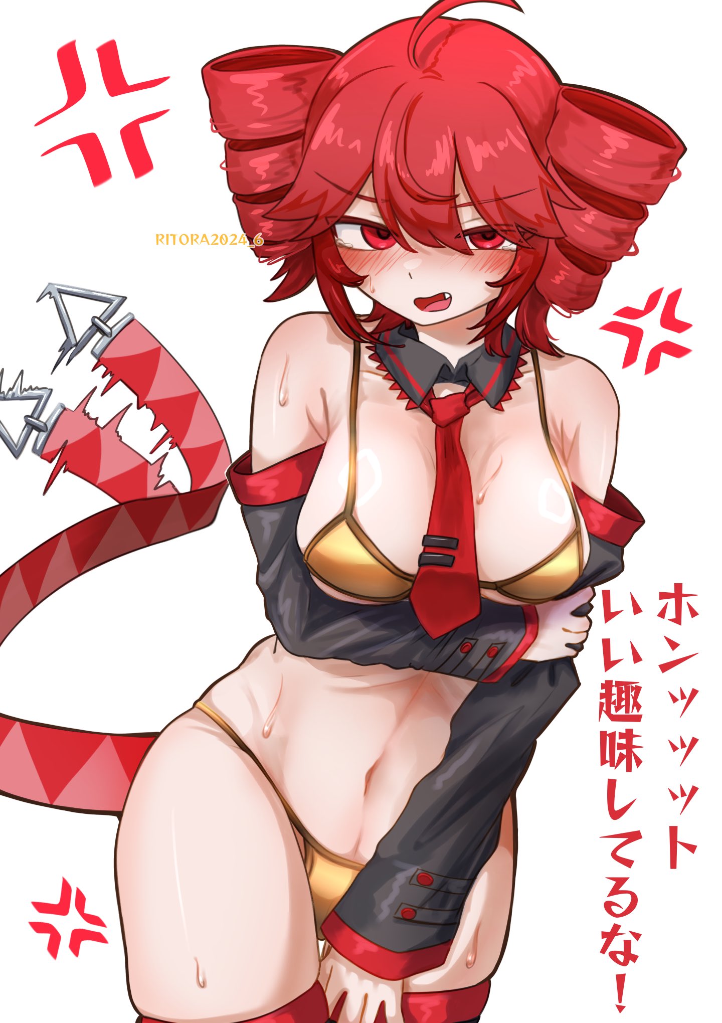 1girls 2d 2d_(artwork) ahoge angry angry_expression angry_vein artist_request big_breasts bikini blush blush_lines breasts curvy curvy_female detached_collar detached_sleeves embarrassed embarrassed_female female female_only gold_bikini golden_bikini golden_week japanese_text kasane_teto large_breasts navel necktie oerba_yun_fang red_eyes red_hair skindentation solo solo_female sweat sweating tail tail_wagging text thick_thighs thighhighs thighs twin_drills utau wagging_tail white_background wide_hips