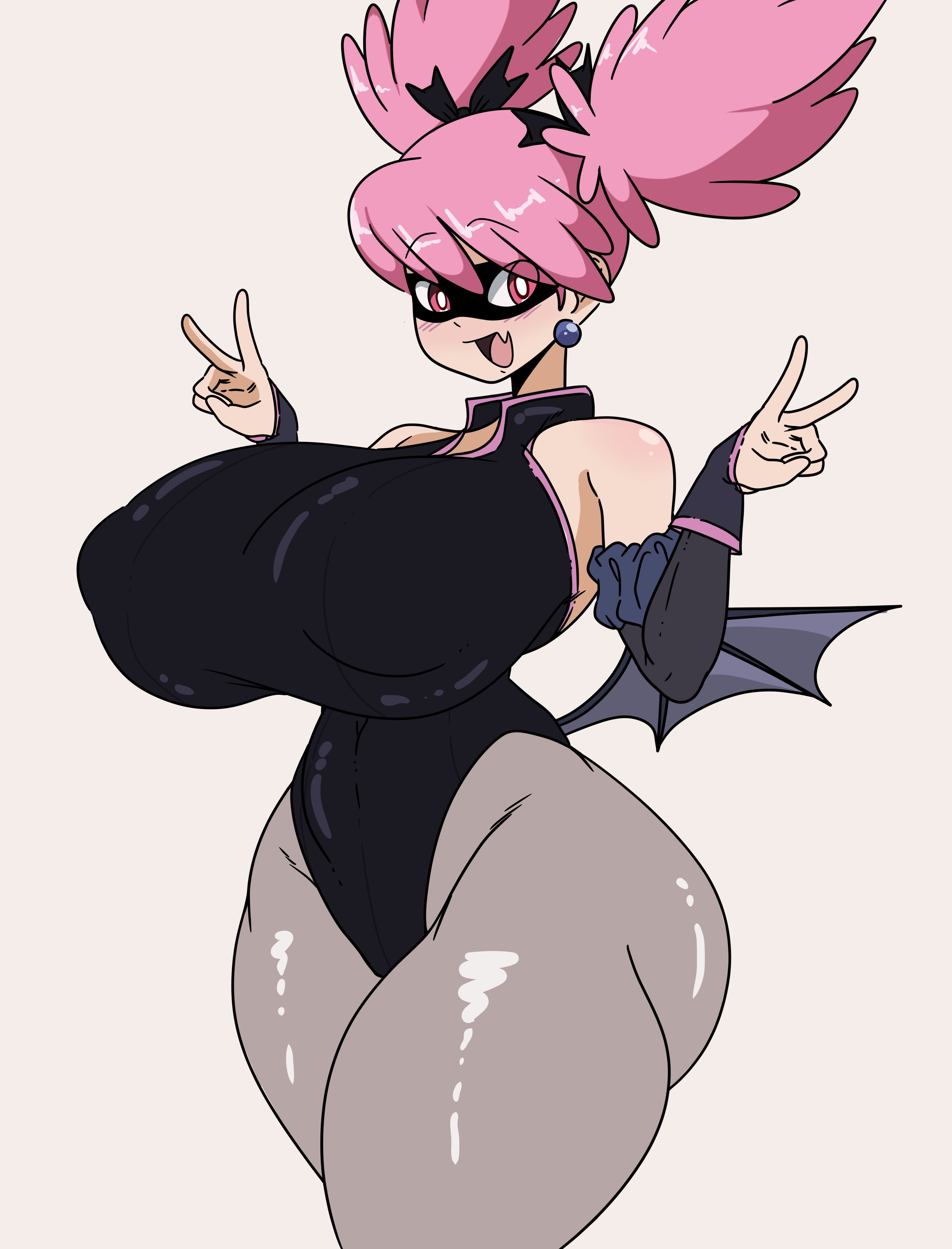 1girls, 2d, 2d (artwork), alternate body type, alternate breast size, ass, ass visible from the front, bat wings, big ass, big breasts, breasts, curly hair, curvaceous, curvy, curvy female, curvy figure, female, female only, flesh fang, gigantic breasts, gluteal fold, haneyama kazuho, hourglass figure, huge ass, huge breasts, huge thighs, inakotho, large ass, large breasts, leotard, mask, massive breasts, my hero academia, nipple bulge, oerba yun fang, peace sign, pink eyes, pink hair, pop step, skin tight, solo, solo female, thick thighs, thighs, tight clothing, twintails, vigilante: my hero academia illegals, voluptuous, voluptuous female, white background, wide hips, wings